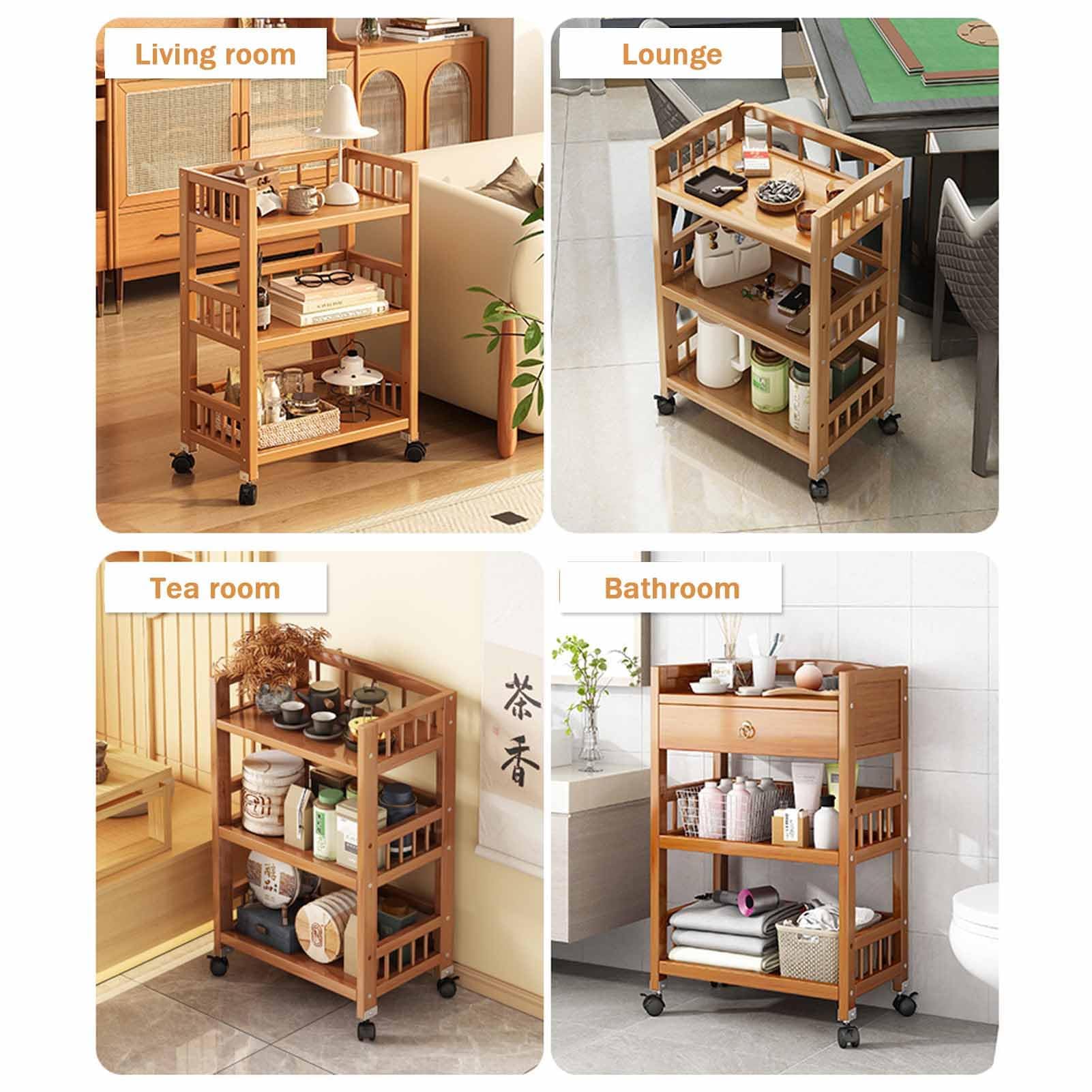Carrello portaoggetti in bambù a 3 ripiani con ruote, organizer mobile per cucina e soggiorno per un facile spostamento e risparmio di spazio