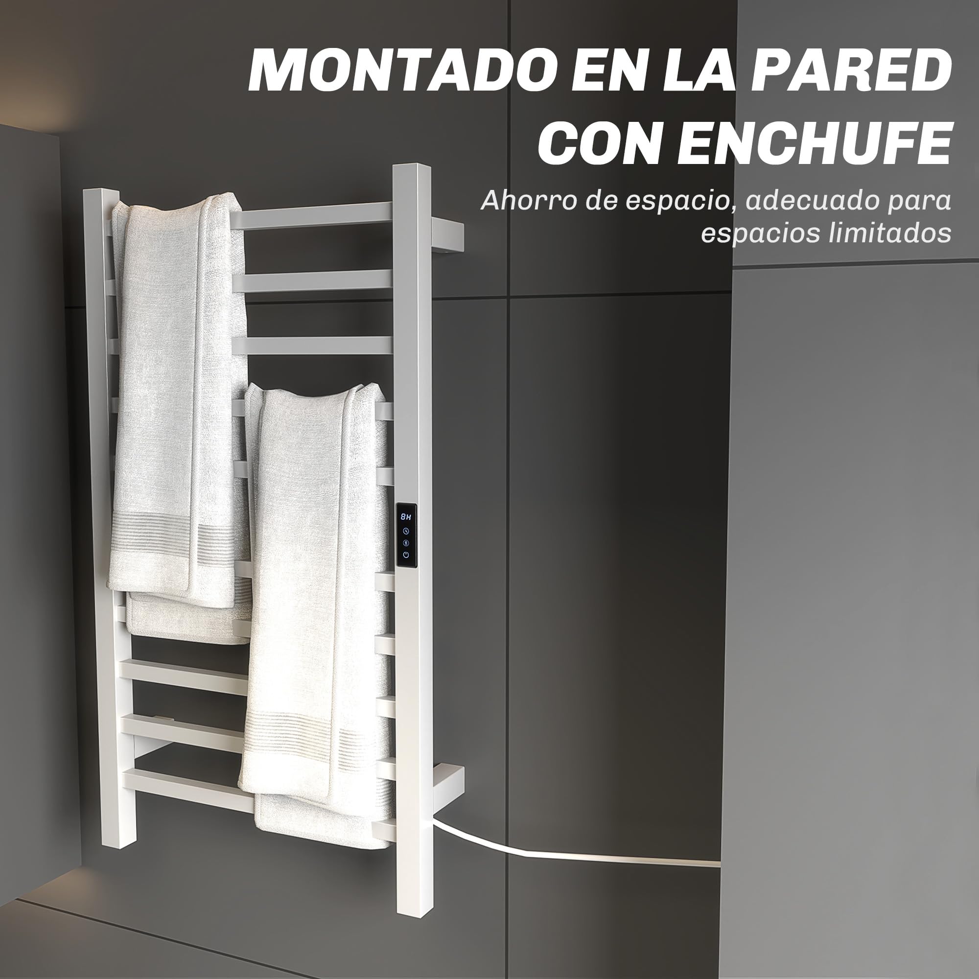 HOMCOM Toallero Eléctrico de Pared con Control WiFi 110W Blanco | Radiador Toallero Eléctrico, Pantalla Táctil, Temporizador, 10 Barras, Temperatura Ajustable, Bajo Consumo, IPX4, Baño