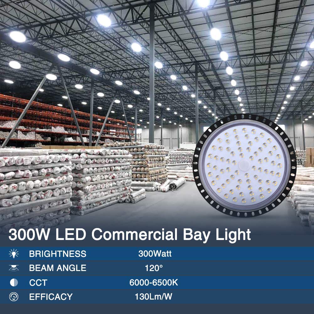 papasbox 10 Pack LED UFO Industrielampe, 300W LED Hallenstrahler Deckenleuchte High Bay Licht, SMD 2835 LED Flutlicht Pendelleuchten, Kaltweiß 6000-6500K, Industriebeleuchtung Werkstattlampe
