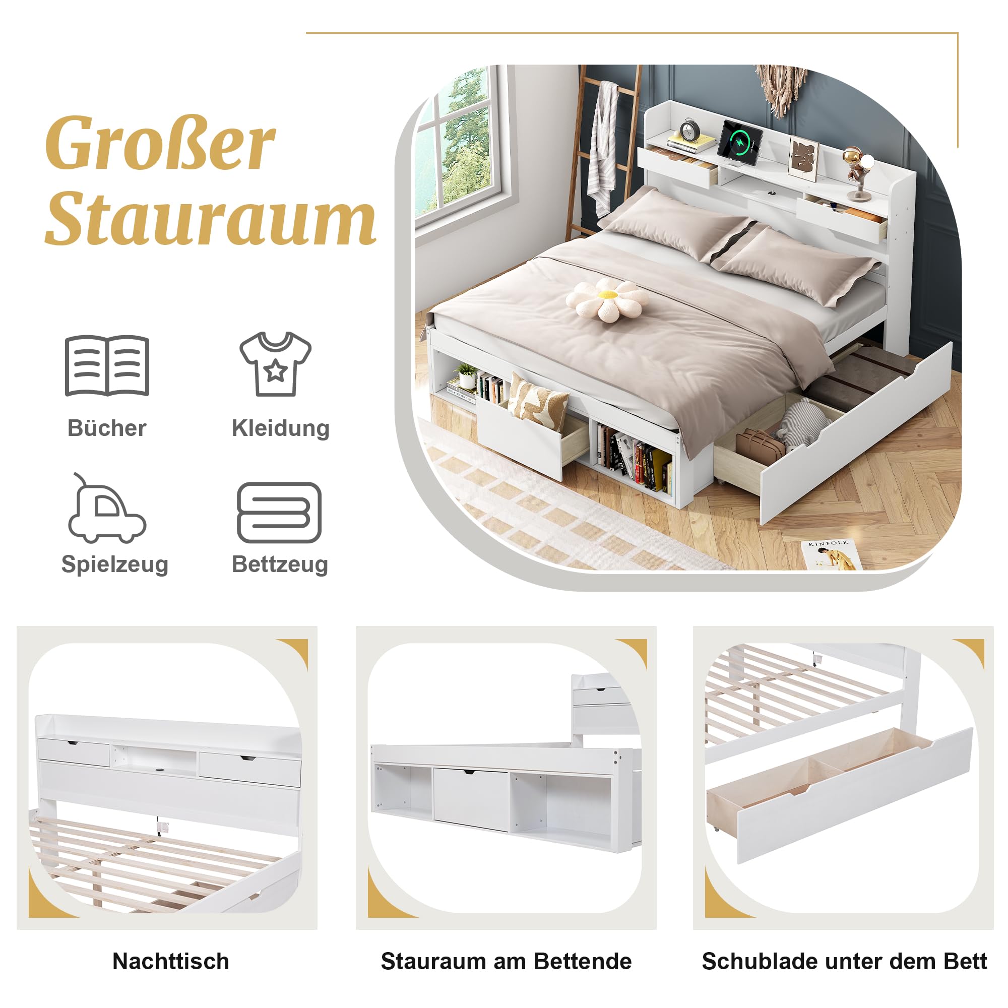 Rtopsu Rtopu Letto Matrimoniale in Legno 140x200 cm con Testiera USB, Letto con 3 Cassetti Contenitore e Portaoggetti, Struttura del Letto con Rete e Doghe, Bianco, Senza Materasso