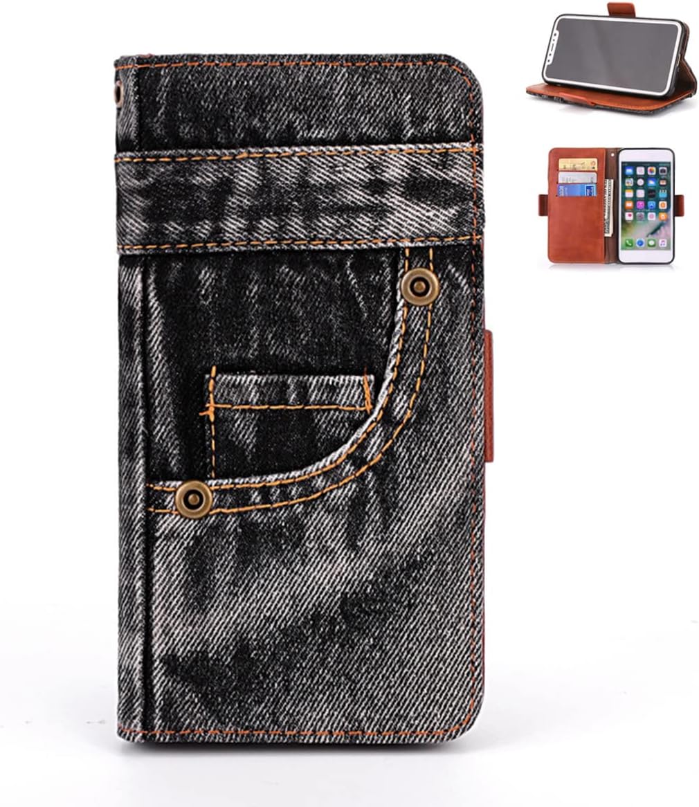 Personalized Denim Canvas Wallet Case for iPhone 14 Pro, Flip Folio Wallet Protective Case Cover with Bracket Function & Card Slots, Creative Shockproof Shell for Black iPhone 14 Pro