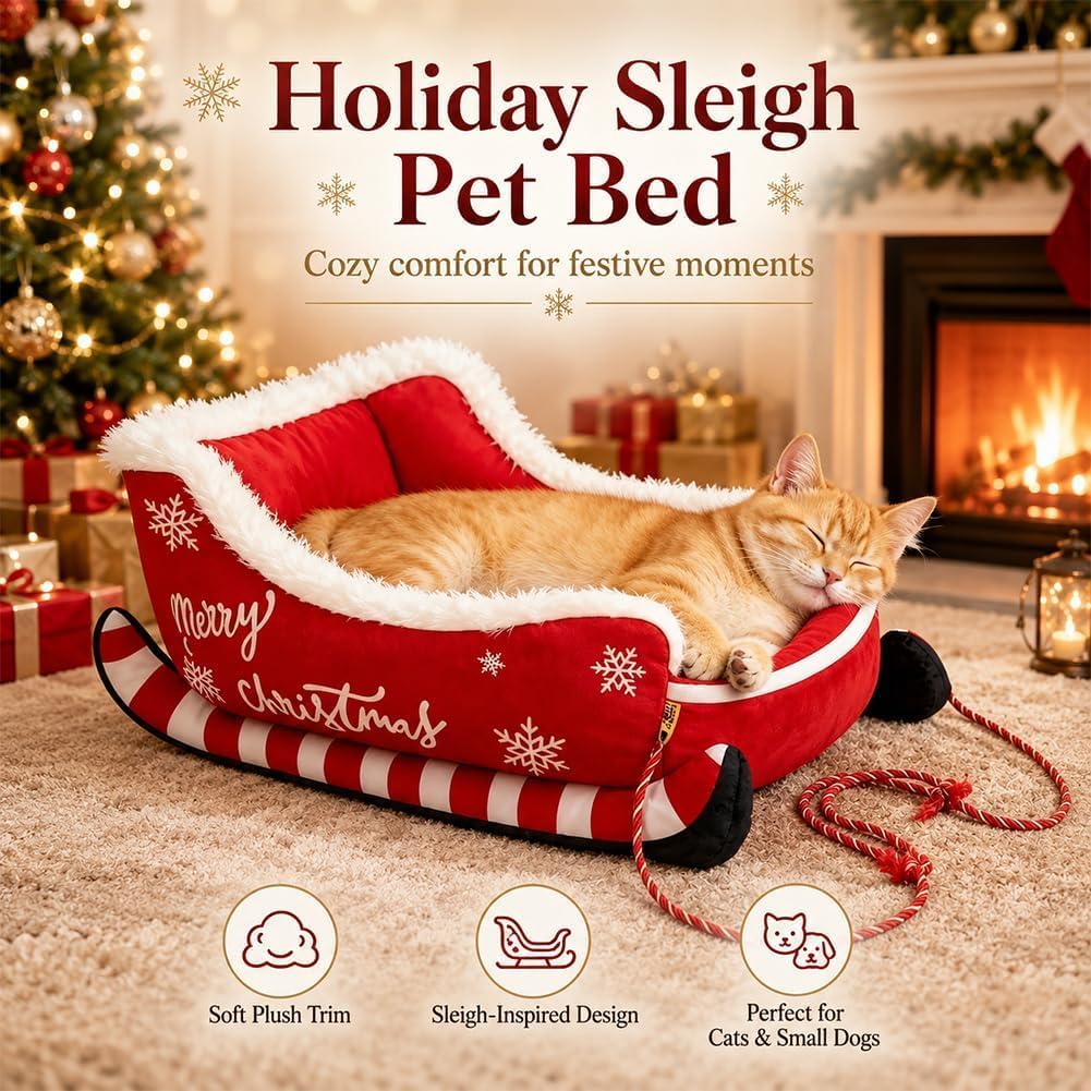 Cama para Gatos de Navidad,Cama para Perros,Cama navideña para Perros con Forma de Trineo de Papá Noel,Trineo de Navidad,Nido de Peluche,para Dormitorio,Salón,Invierno,Casa
