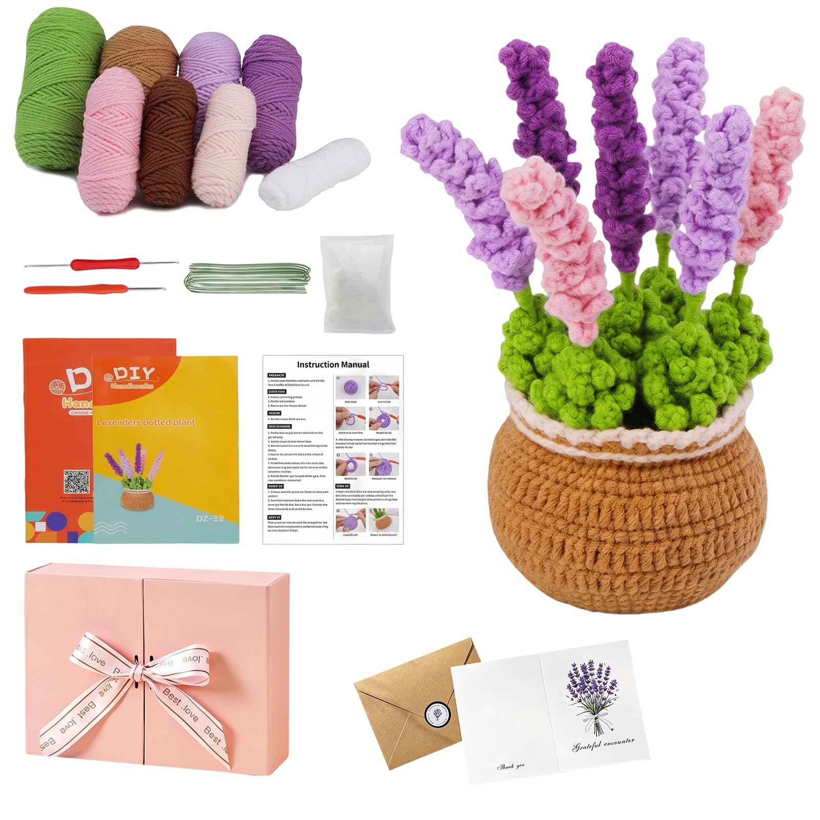 Crochet Kit for Beginners Adults, Crochet Potted Flowers Kit, DIY Complete Flowers Knitting Kit with Gift Box Card & Step-by-Step Video Tutorials for Mother, Valentine, Birthday, Christma（Lavender）