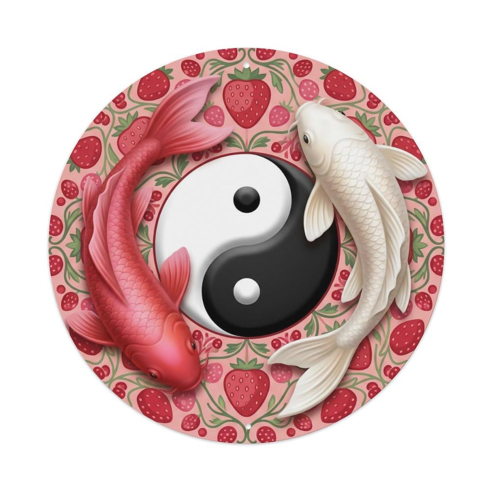 Tai Chi Koi Fish Strawberry Red Pink Berry Sweet Fresh Metal Tin Sign