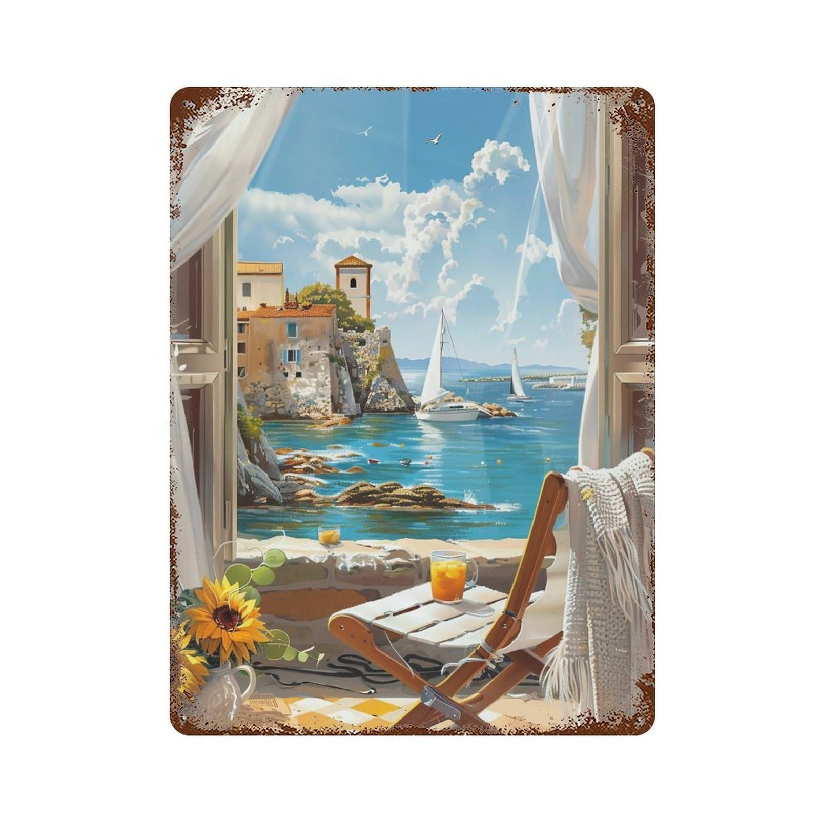HDURYEYRYY Mediterranean Window View 01 Wall Retro Iron Vintage Art Metal Tin Sign Poster Modern Home Cofffee Club Art Bar Shop Decor Style 40x30cm