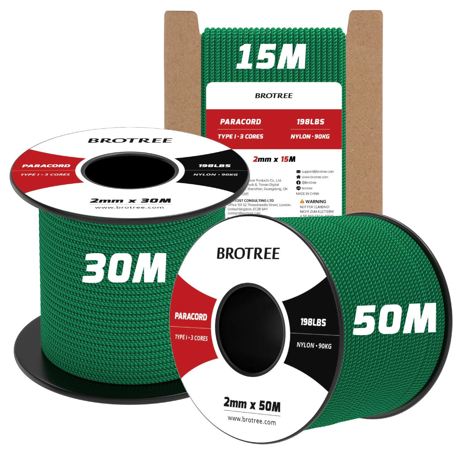 Brotree 2mm Paracord 3 Strands 15M 100% Nylon Rope Parachute Cord for Outdoor, Craft, DIY - 90kg Breaking Load (Kelly Green)