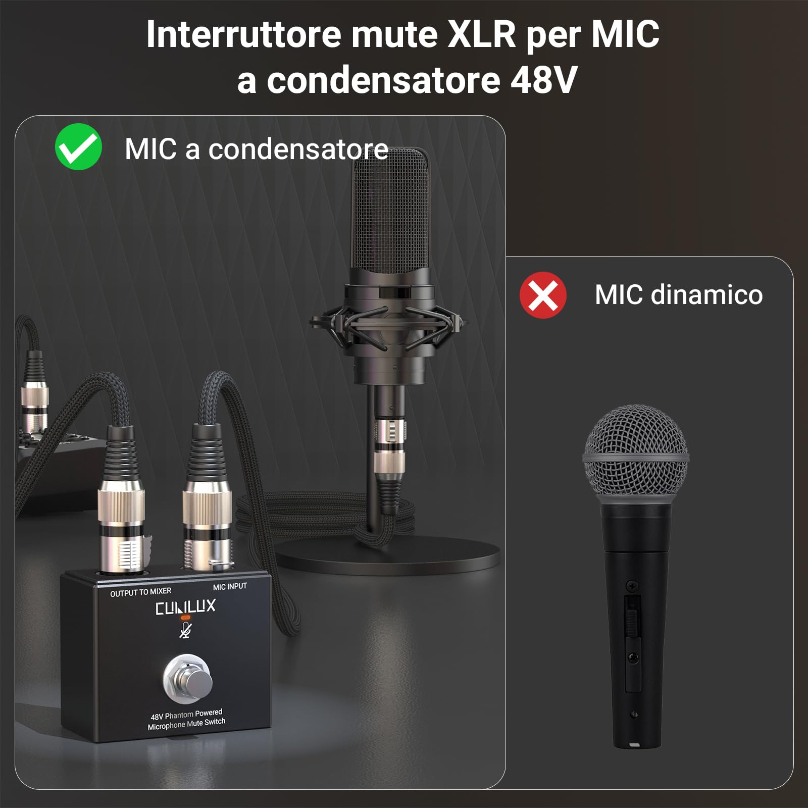Cubilux MMX-3 interruttore mute XLR a pedale per microfono a condensatore 48V, controllo mano/piede, corpo in alluminio, switch in-line mic on/off per studio, streaming, broadcast e palco