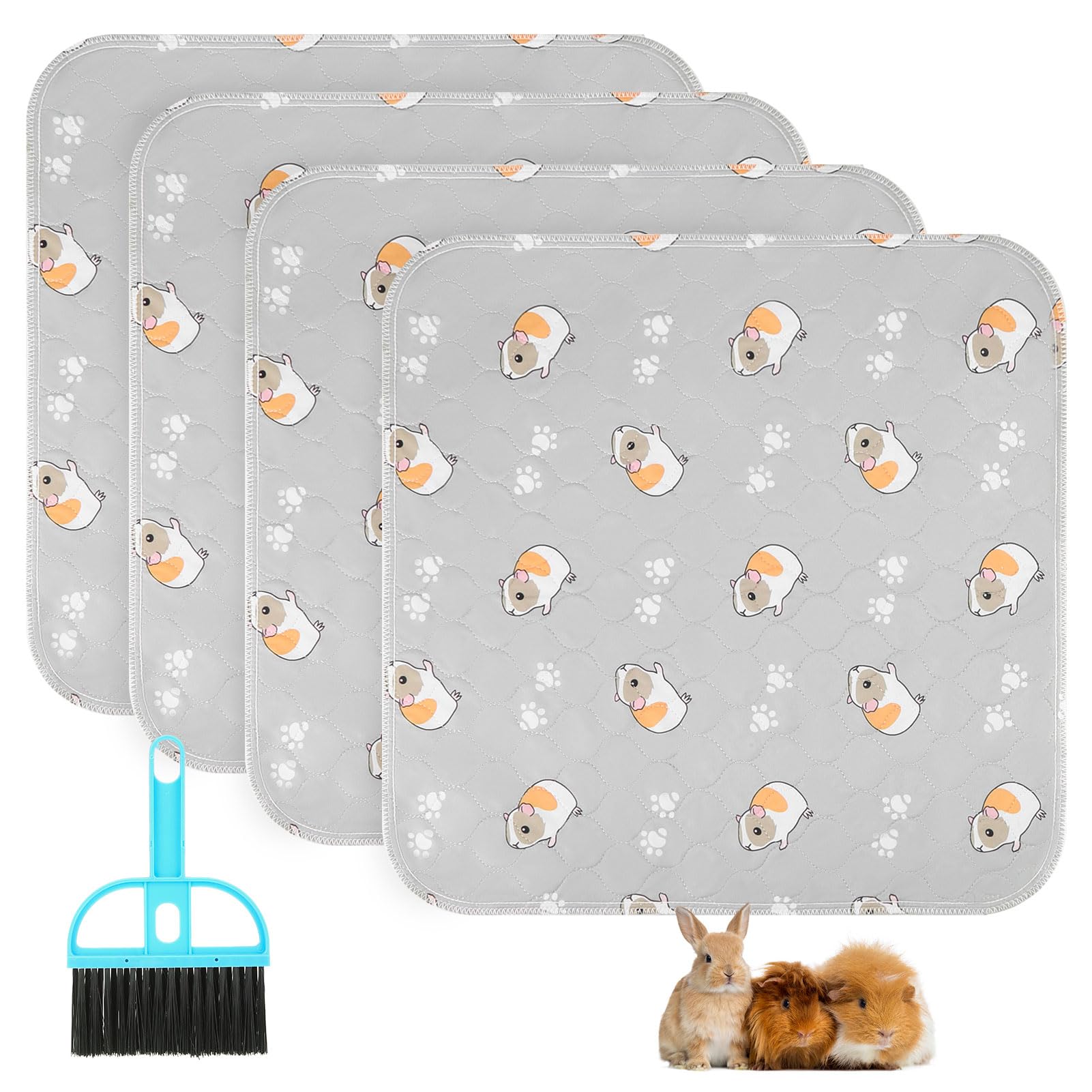 Scenereal Guinea Pig Cage Liner 4 Packs with Cleaning Brush - Fast Water Absorption Reusable Washable Pee Pads, Soft and Comfortable Mat for Small Animals Chinchillas Rabbits Hamster Bunny, 27x27in