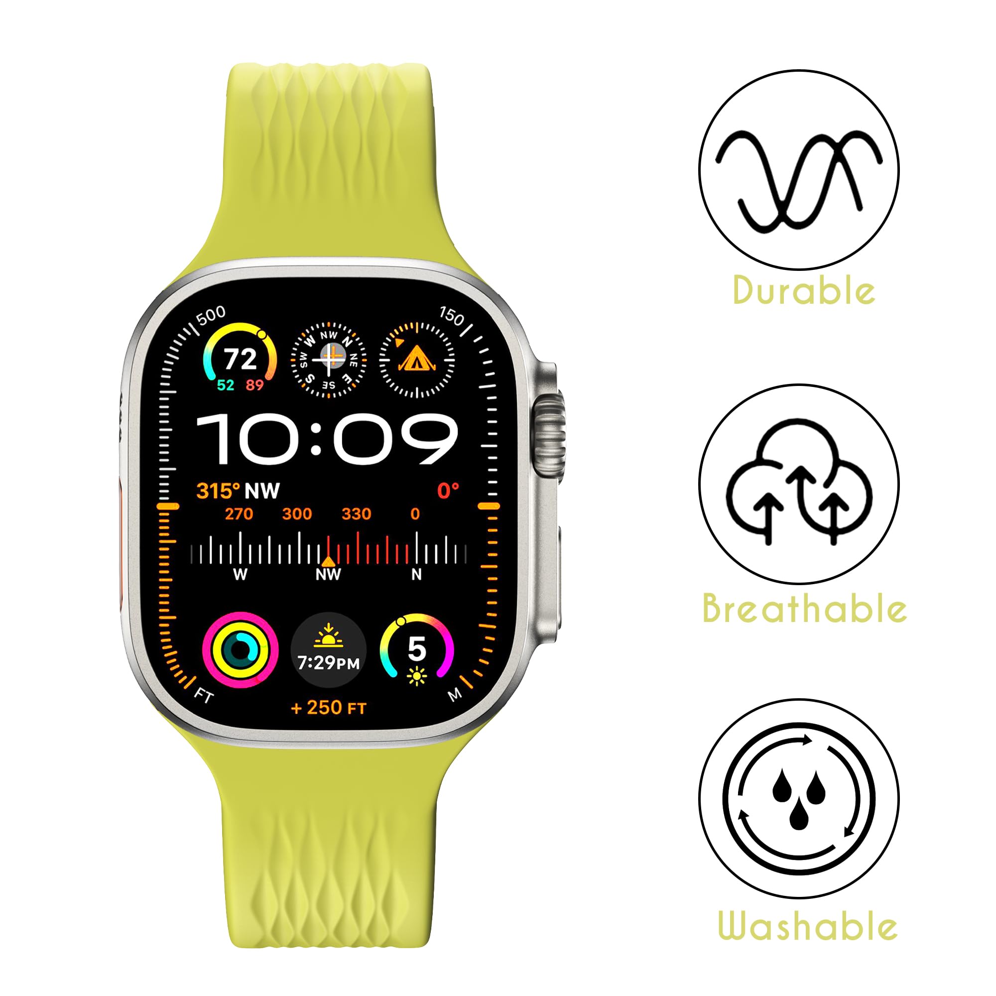 LULULOOK Cinturino in Elastomero Fluorescente per Apple Watch, [Connettori in Titanio] Morbido e Piacevole, Traspirante, Prezioso, Cinturino per Apple Watch 44 mm, Ultra, Serie 9 (49mm 45mm 44mm 42mm)
