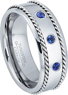 0.21ctw Blue Sapphire 3-Stone Mens Tungsten Ring - 8MM Comfort Fit Polished Dome Tungsten Carbide Wedding Band with Double Stainless Steel Rope Inlay