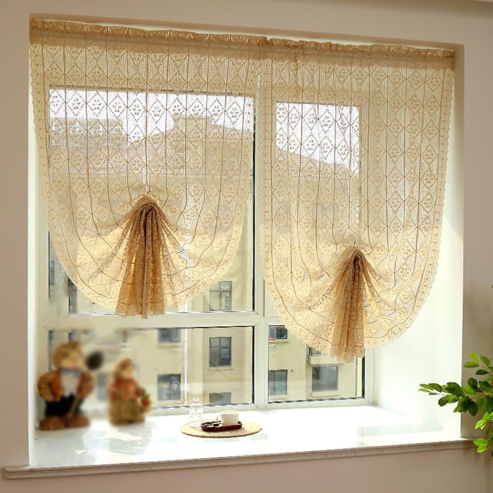 Handmade Crochet Cotton Roman Curtain, Adjustable Tie-Up Shade, Farmhouse Balloon Curtain for Kitchen, Bedroom, Small Windows (Color : 1 Panel, Size : W80xH250cm/32x98in)