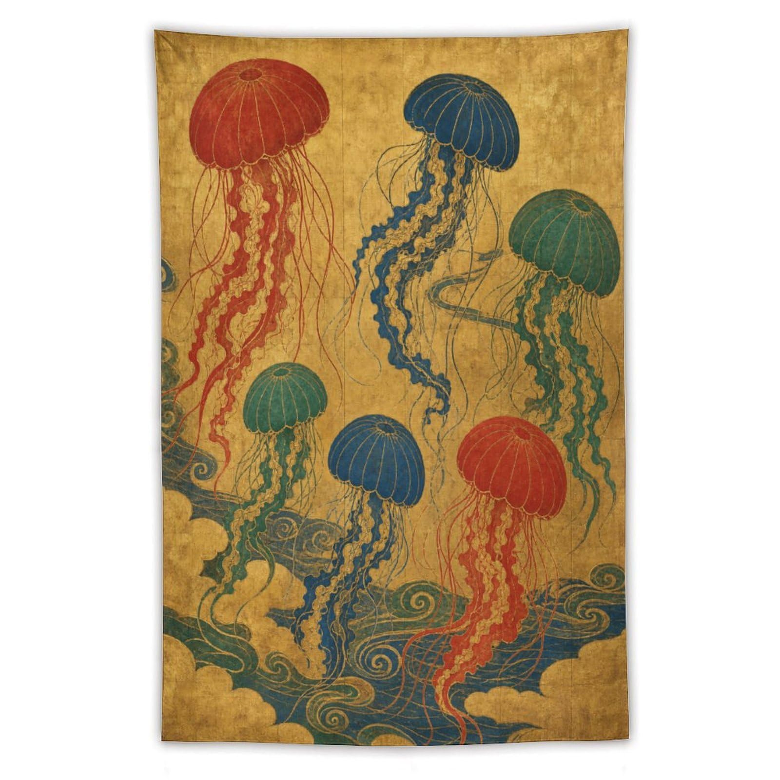 W7C8U2X3 Jellyfish Garden Wall Tapestry, Vintage Poster, Golden Vintage
