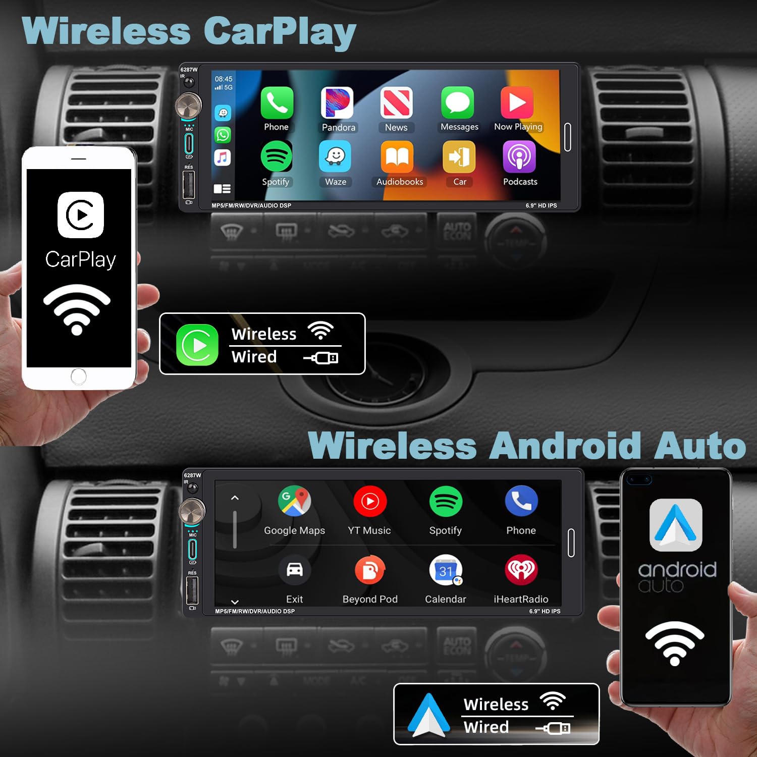 Autoradio 1Din mit Bildschirm (6,9") Kompatibel mit Apple CarPlay [Wireless] Android Auto Bluetooth USB (Typ-C 2,1A Schnellladung) Rückfahrkamera AM/FM/RDS Radio