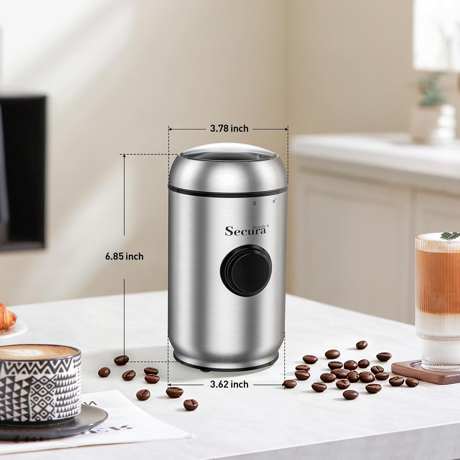 Secura Brands Electric Quiet Coffee Grinder, One-Touch Pulse Control Stainless Steel Coffee Grinder for Beans and Spices & Herbs, Silver