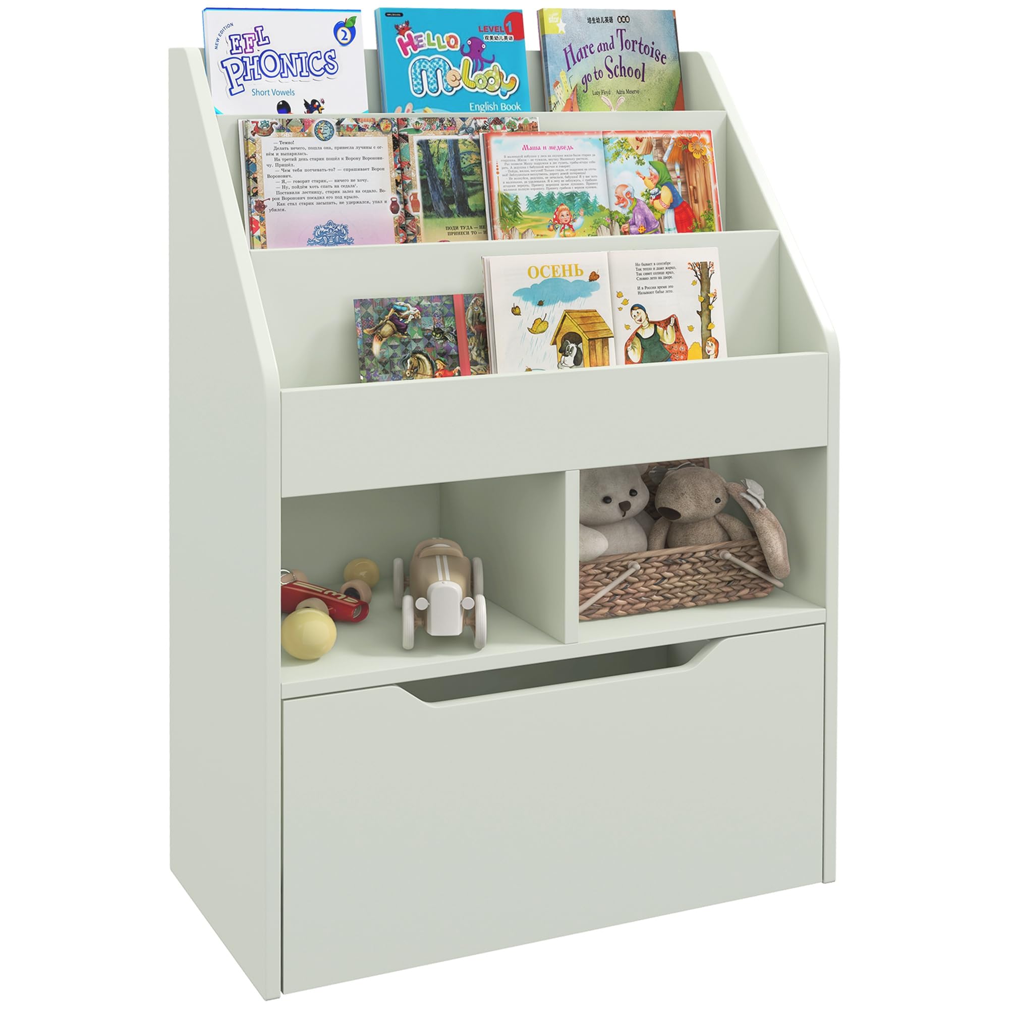 HOMCOM Kids Bookshelf Bookcase Multi-Shelf Rack Organizer with Storage Drawer for Books for Reading Nook, Classroom, Bedroom, Playroom, Green