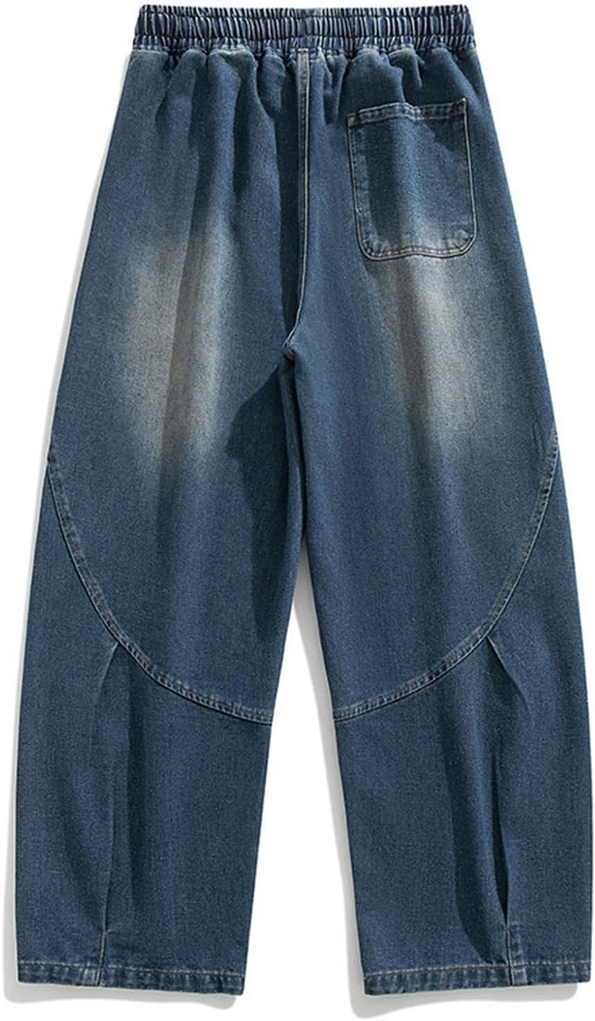 Baggy Denim Pants for Men Drawstring Elastic Waist Pleated Loose Pants Vintage Fashion Street Jeans with Pockets