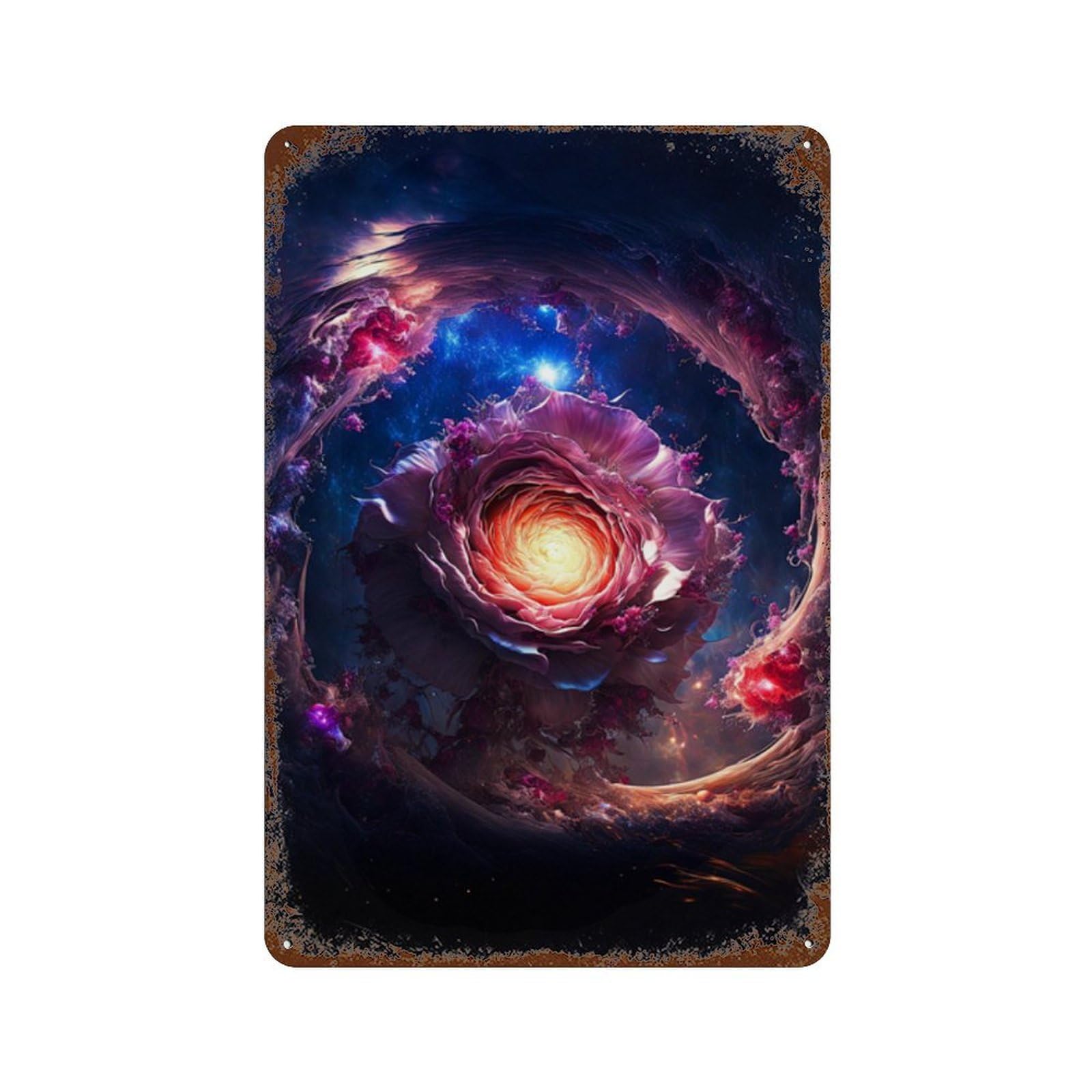 Rust Effect Cosmic Rose Bloom Rusty Metal Tin Sign 11.8"x7.9", Farmhouse Wall Decor for Cafe, Home Bar And Lounge Decor
