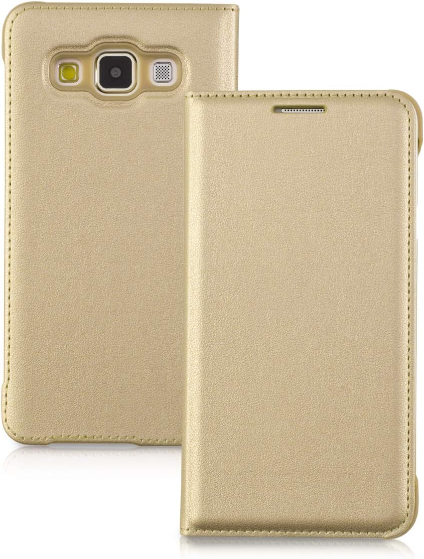 kwmobile Flip Case Compatible with Samsung Galaxy A3 (2015) - Smooth PU Leather Slim Folio Cover Phone Holder - Gold