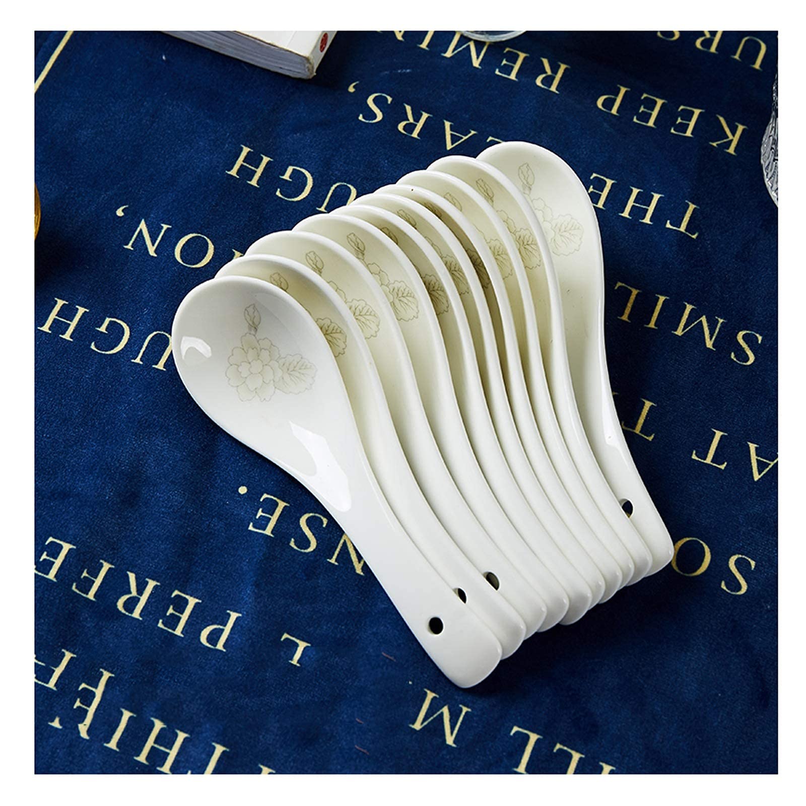 Zestaw łyżek obiadowych, 10 sztuk małych ceramicznych łyżek do zupy, prosta łyżka z porcelany kostnej, miska i spodek, zestaw naczyń Jingdezhen, łyżka obiadowa/garnek do zupy (kolor: D) (D)