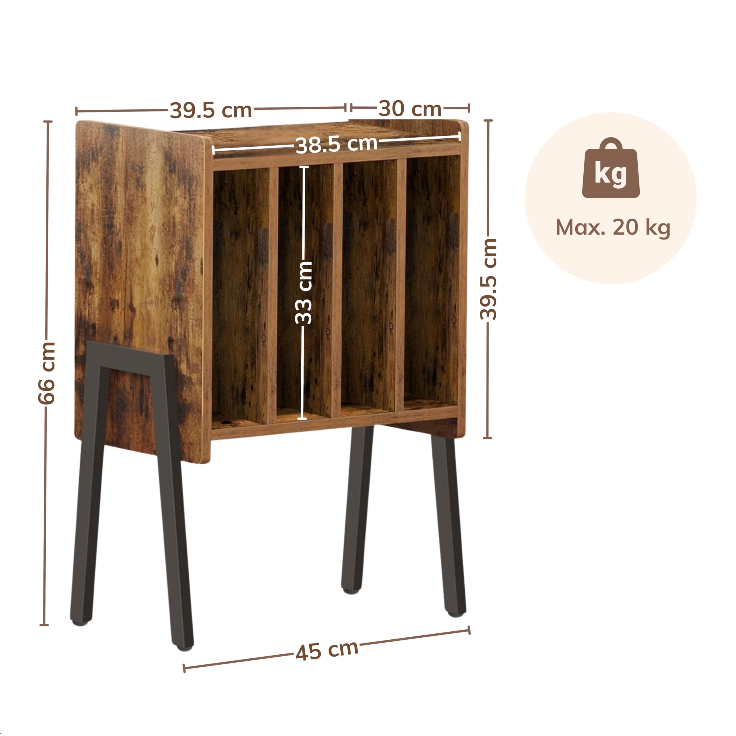 ACAZA Meuble Vinyle - pour Platine Tourne Disque et Albums Vinyles - 66 x 38.5cm - Design Bois MDF et Métal - Brun Vintage (Brun Vintage)