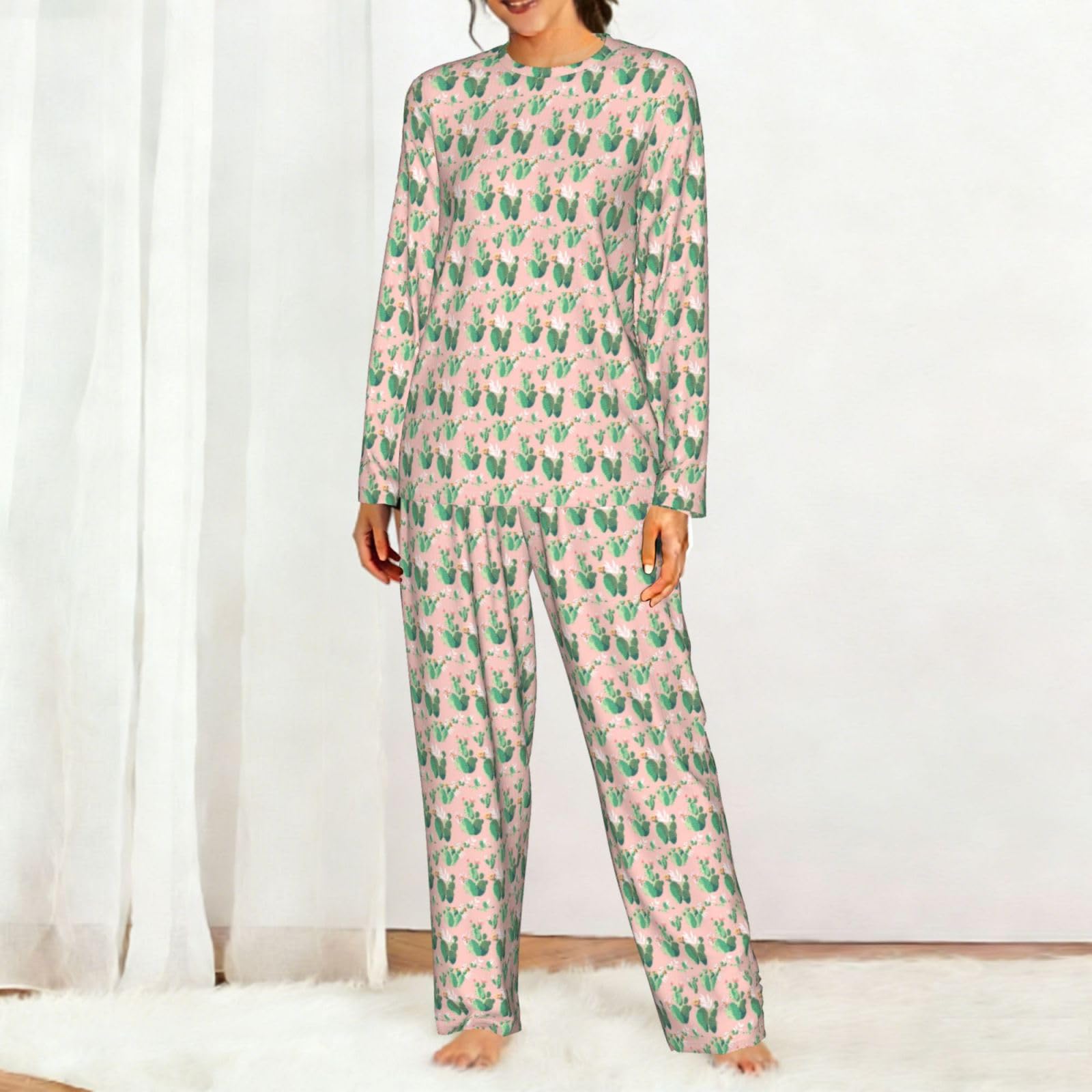 Pigiama da donna a maniche lunghe con stampa di cactus tropicali, morbido, da spiaggia, vacanze, biancheria da notte, regalo casual