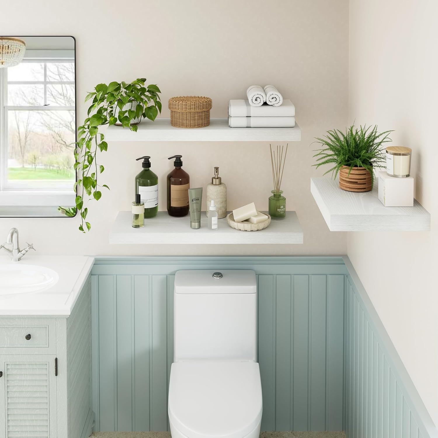RICHFOCUS Deep Floating Shelves for Wall 2 Pack 12" D 48 Inch Wall Shelves for Room Wall|Wood Hanging Shelf with Invisible Brackets for Bathroom Bedroom Kitchen Laundry Room, White