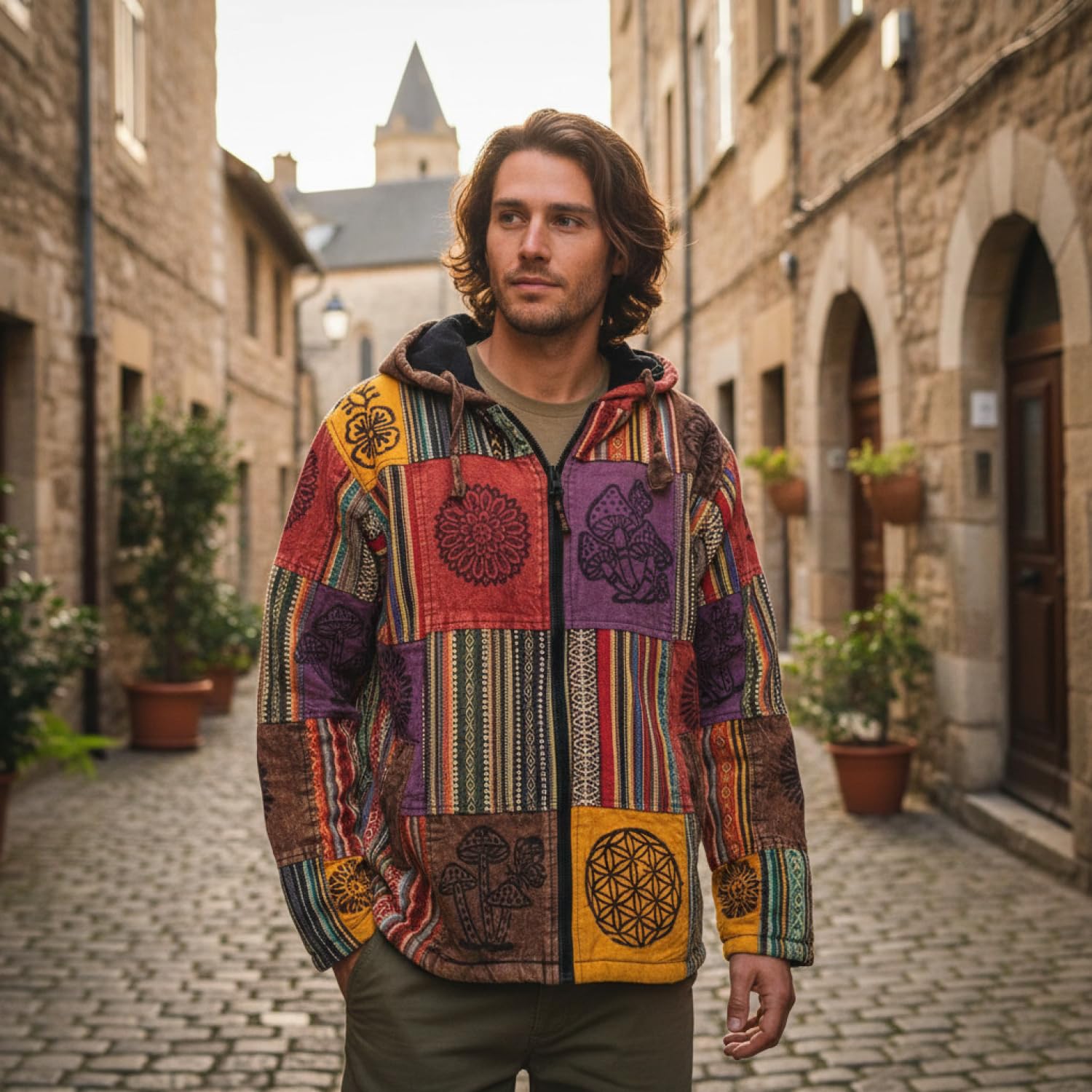 GURU SHOP Goa Jacke, Patchwork Sweatshirt Jacke, Herren