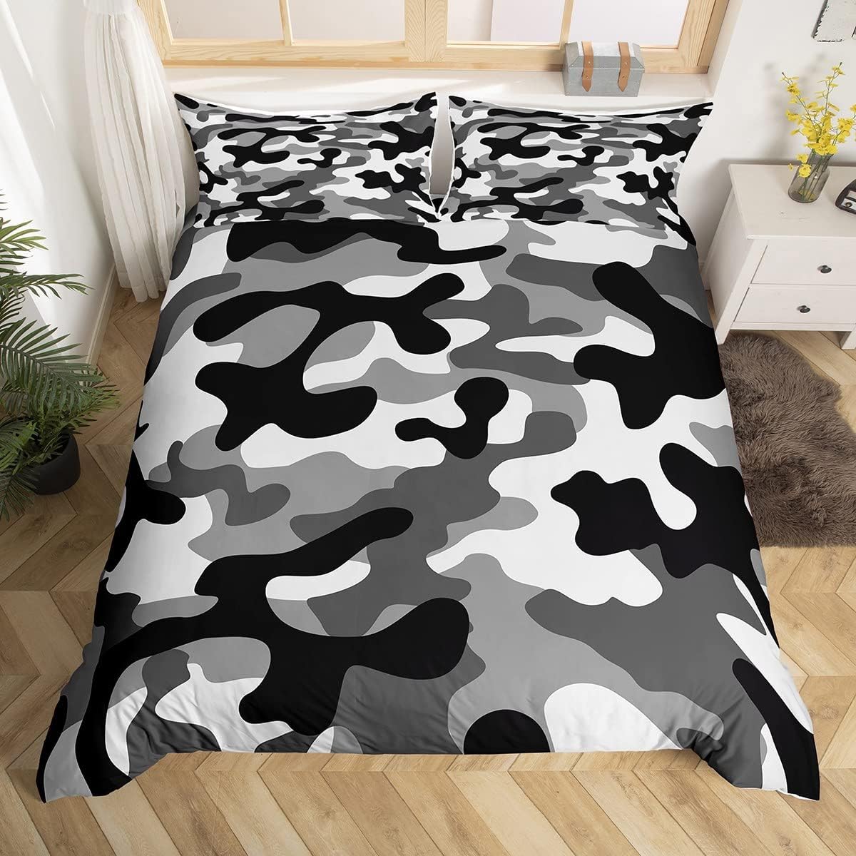 Camouflage Bedding Set,Camo Duvet Cover for Kid Teen Boys Girls,Grey Black White Camo Pattern Comforter Cover Decorative Room,Ocean Quilt Cover with 2 Pillowcases,Double Size