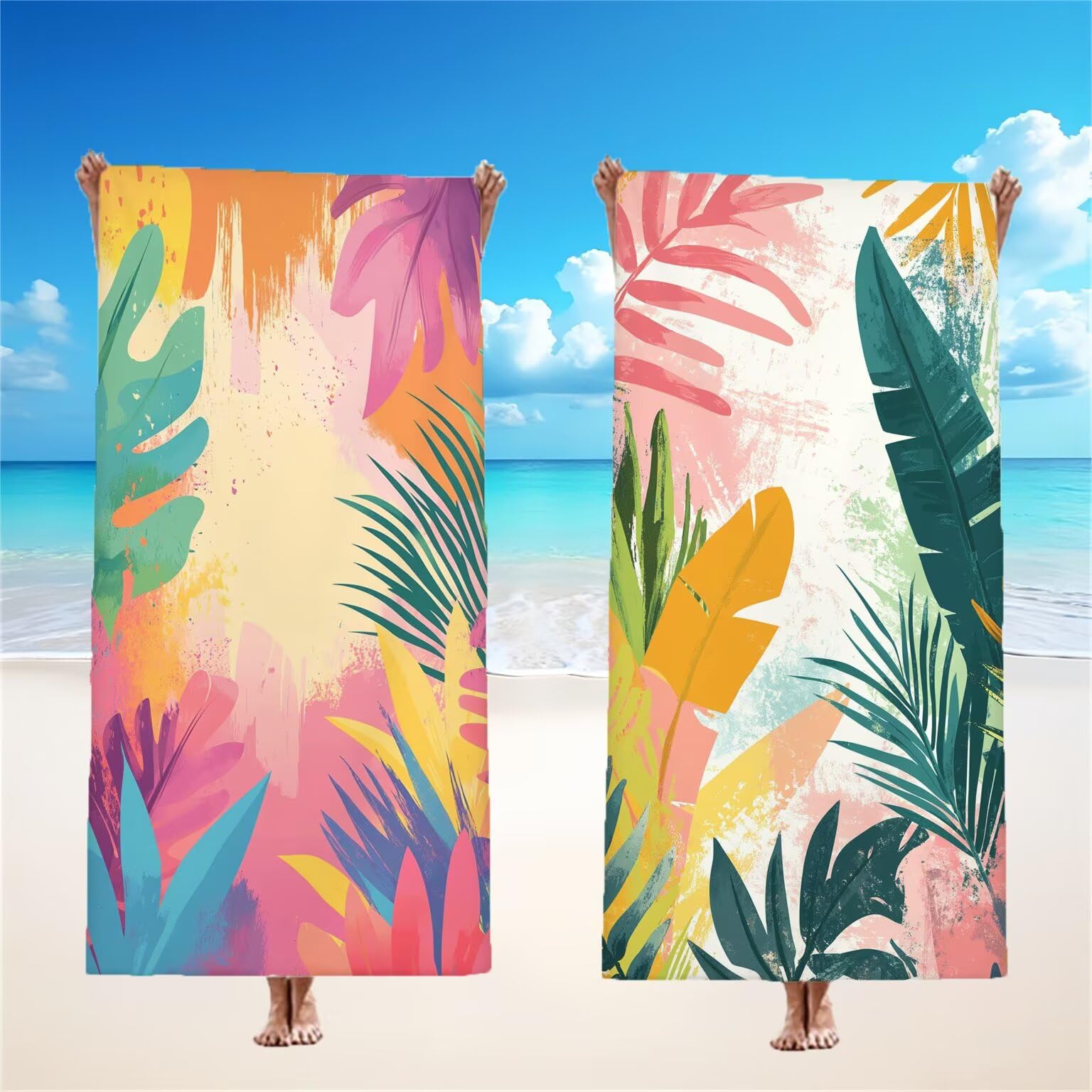 Model273 Ręcznik plażowy, 90 x 200 cm, tropikalny ręcznik plażowy z mikrofibry, w liście, duży, chłonny, szybkoschnący, lekki, bez piasku, do sauny, z zatrzaskiem, do pływania, na plażę, w podróż,