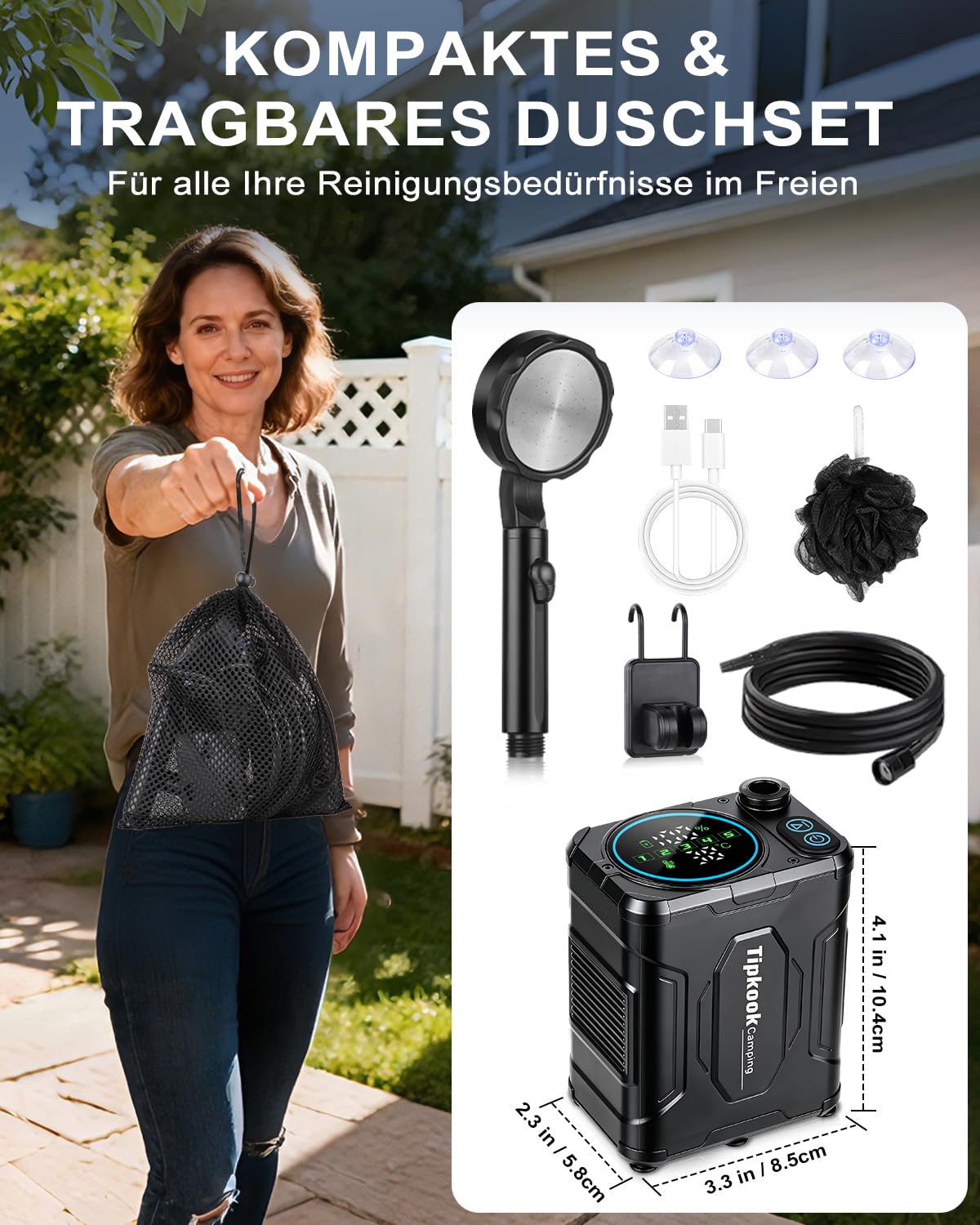 Tragbare Campingdusche mit 13000mAh EXTRA-LANGZEIT Akku, Mobile Outdoor Dusche mit Pumpe, Pausenfunktion & Temperaturanzeige für Mehrtägiges Camping, Mehrfache Tierwäsche & Langfristige Autowäsche