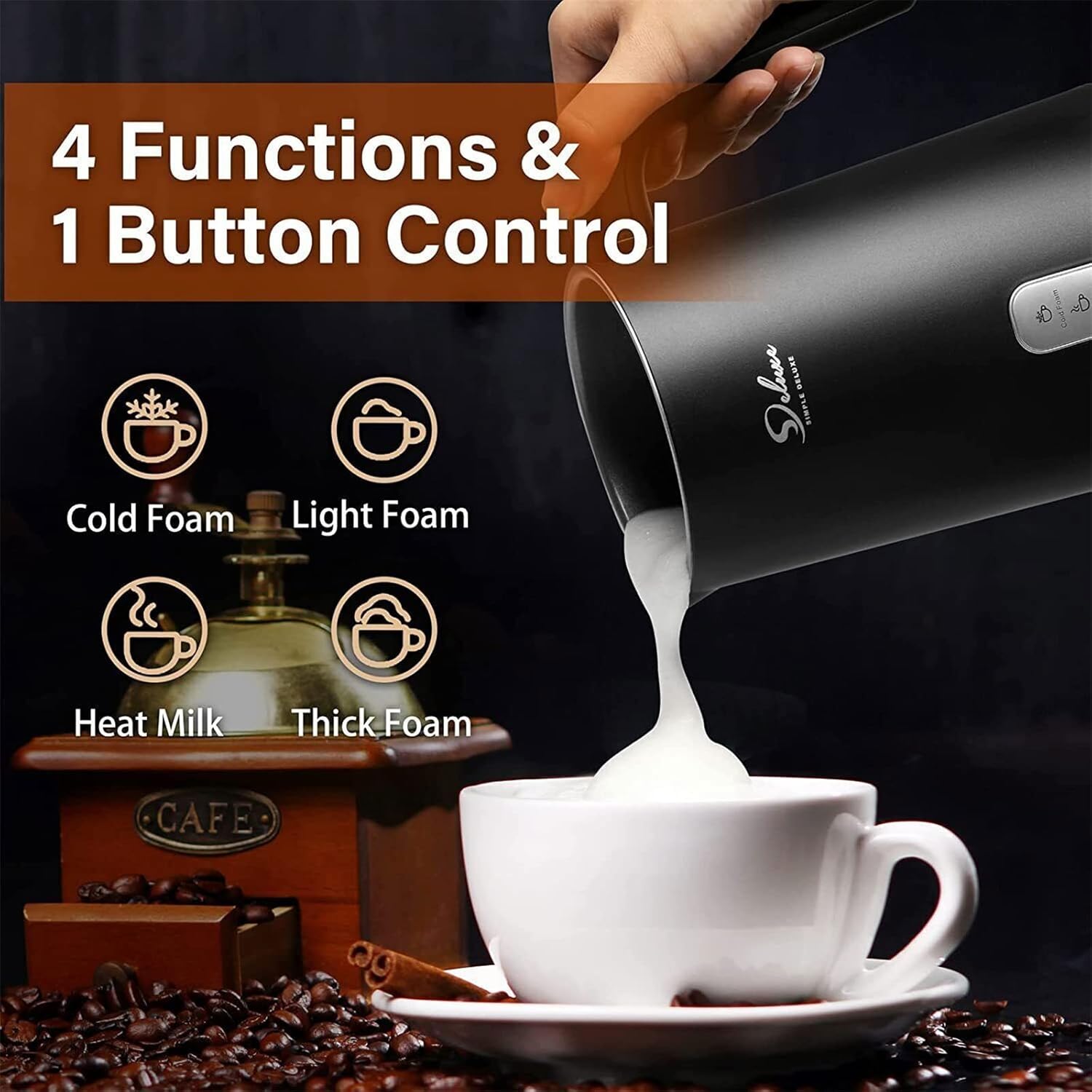 Simple Deluxe Milk Frother, 4-in-1 Electric Milk Steamer 250ml/8.4oz Automatic Hot and Cold Milk Foam Maker and Milk Warmer for Latte, Macchiato, Cappuccinos, Black