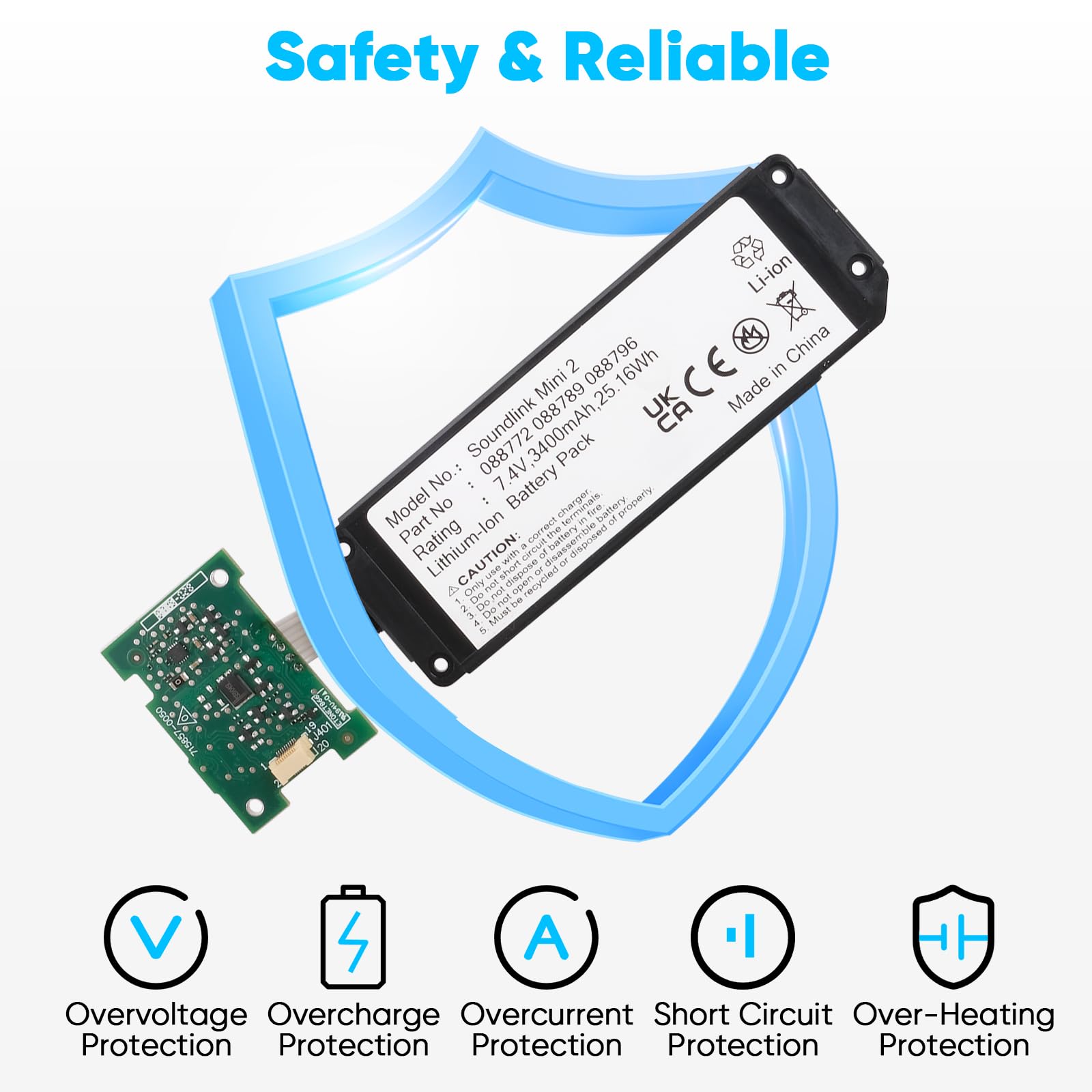 3400mAh 7,4V Batterie Compatible avec Bose Soundlink Mini 2 l'enceinte Bluetooth, Compatible avec Bose 088772, 088789, 088796, 080841, avec Circuit Imprimé(PCB)