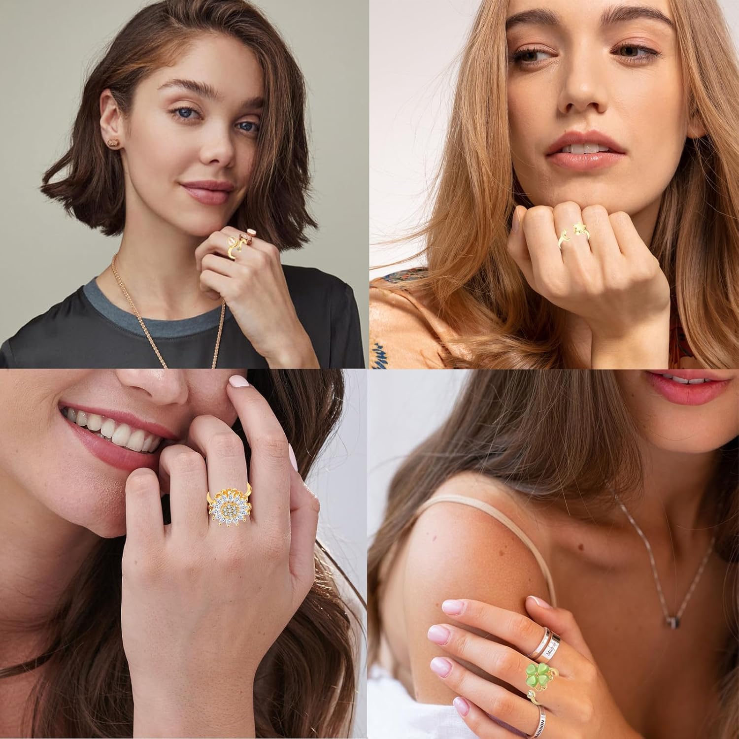 Fidget Ring Anxiety Rings for Women Gold 9pcs Adjustable Spinner Ring CZ Diamond Sunflower Moon Star Four Leaf Heart Bead Fidget Rings for Anxiety Stress Relief for Women - Image 2
