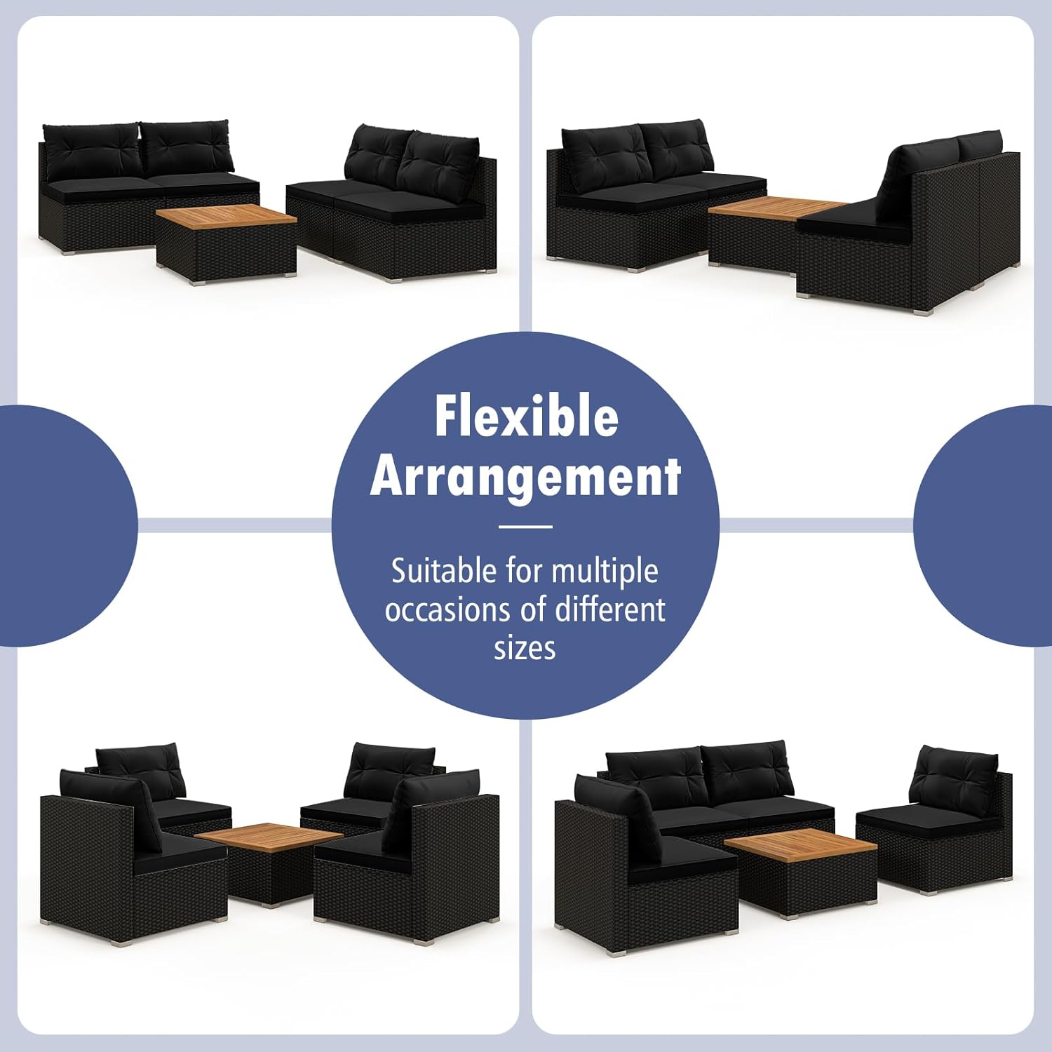 Tangkula 5 Piece Rattan Sofa Set, Outdoor Wicker Furniture Set w/Seat & Back Cushions, Square Coffee Table, Patio Sofa Set for Backyard, Poolside (Black)