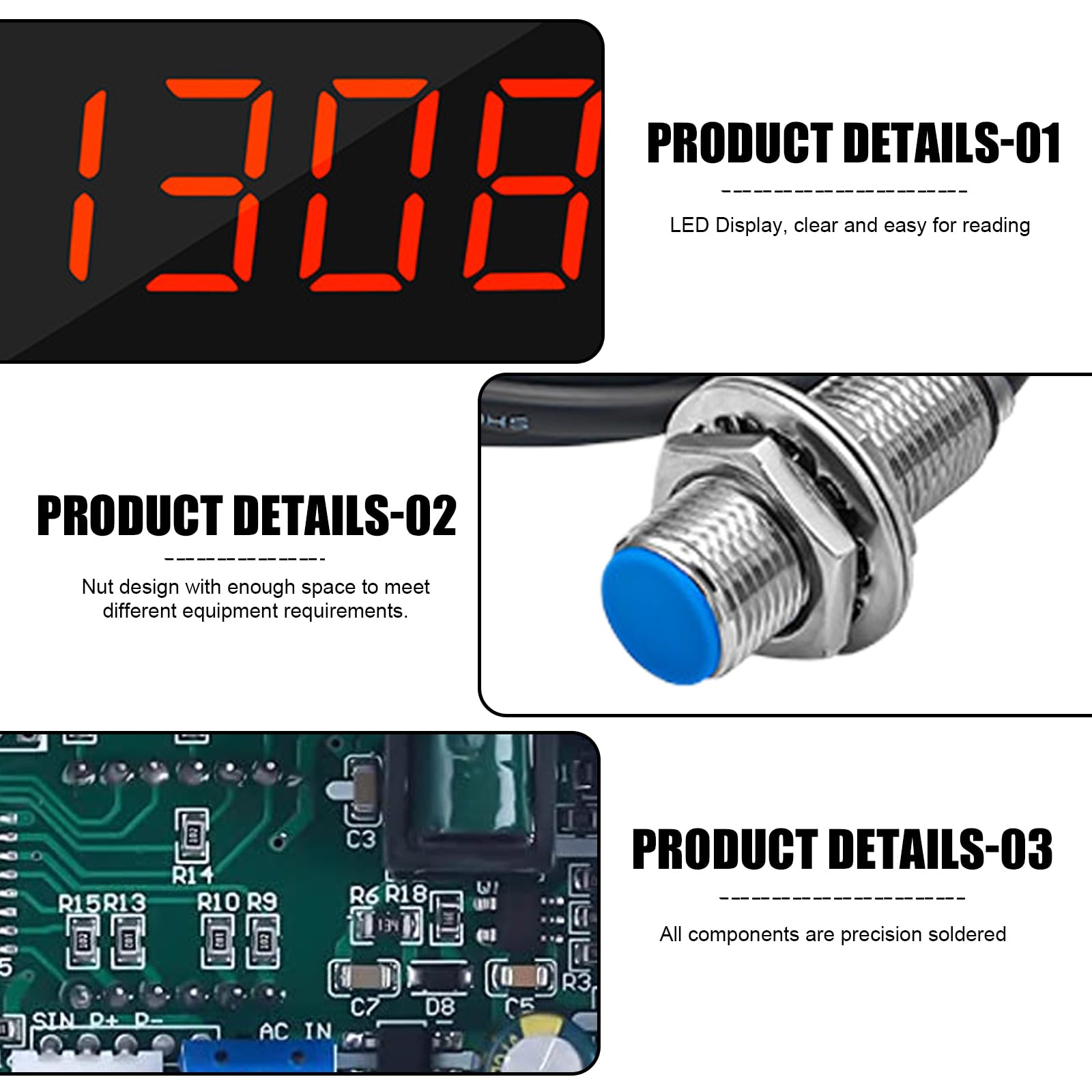 Tachymètre numérique à LED GOEDCH à 4 chiffres avec capteur de proximité à effet Hall NPN : CC 8-24 V, 40 mA. Tachymètre/compteur de vitesse à 4 LED numériques, plage de 10 à 9 999 tr/min
