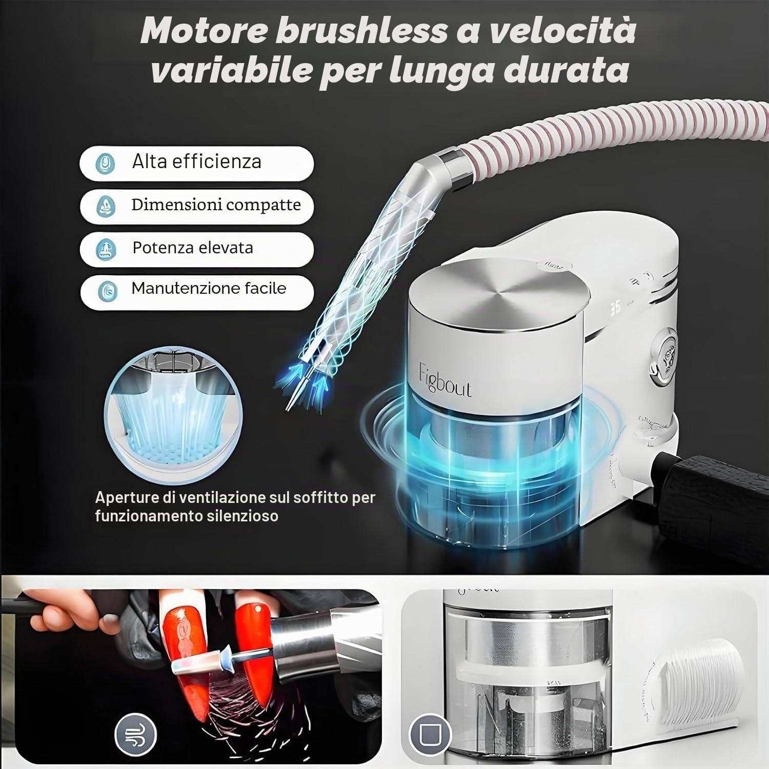 Aspiratore e Fresa Unghie 2-in-1 Professionale, 30.000 Giri/Min Motore Brushless, Silenzioso ≤68dB, Kit Manicure Elettrico per Nail Artist