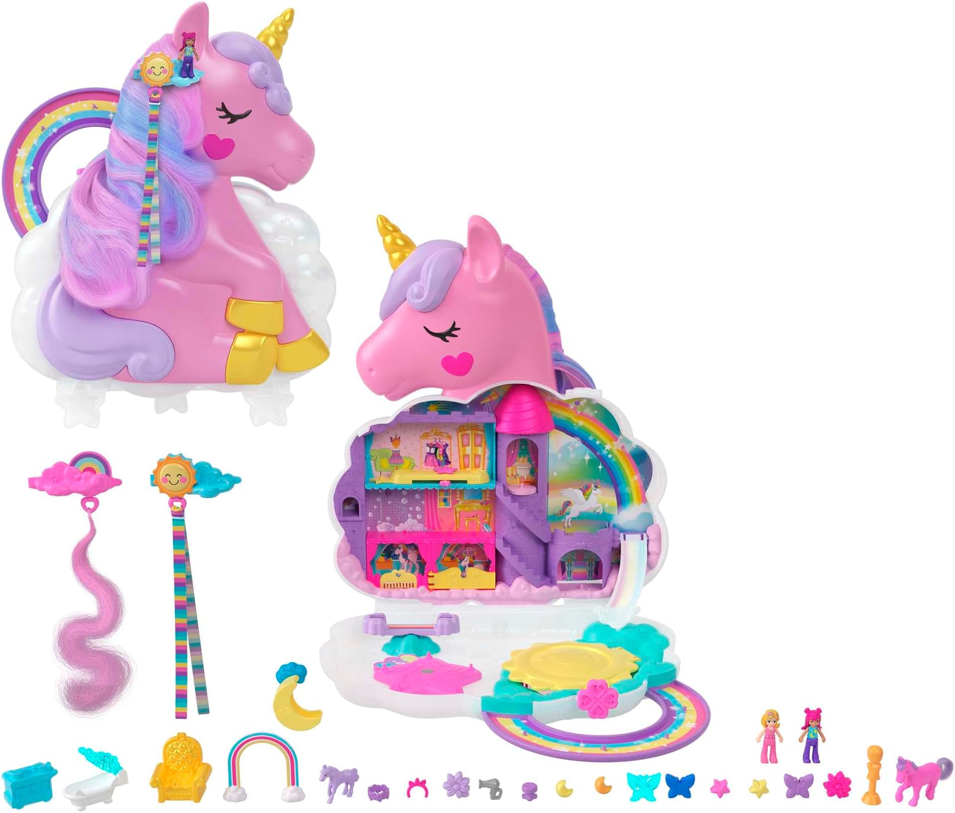 Mini Toys, Rainbow Unicorn Salon Styling Head and Playset with 2 Micro Dolls, 20+ Accessories and Moving Features, HMX18
