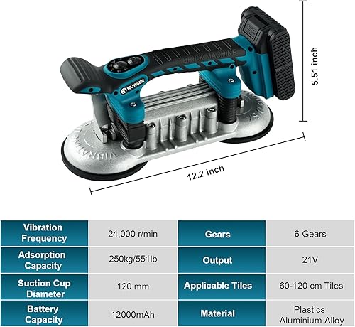 Miniatura 6 de Máquina de vibración de herramienta de instalación de azulejos, vibrador de doble ventosa, nivelación de baldosas de mano, 12000 mAh, 24000 rmin, 6