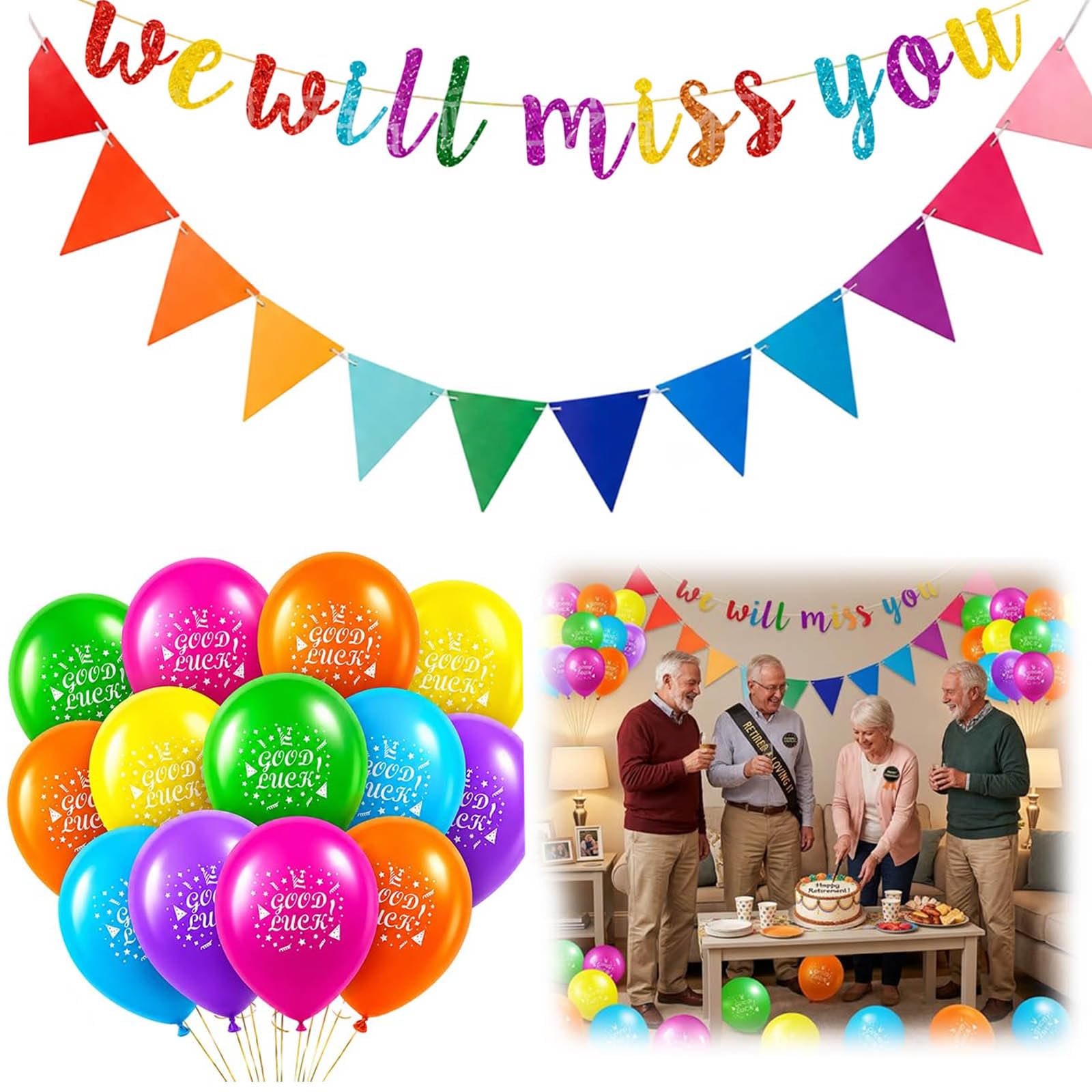14pcs Retirement Balloons and Banner Set, 12 Count Retirement Decorations with Good Luck Banner, Complete Leaving Party Decoration Kit for Retirement Celebrations and Farewell Events
