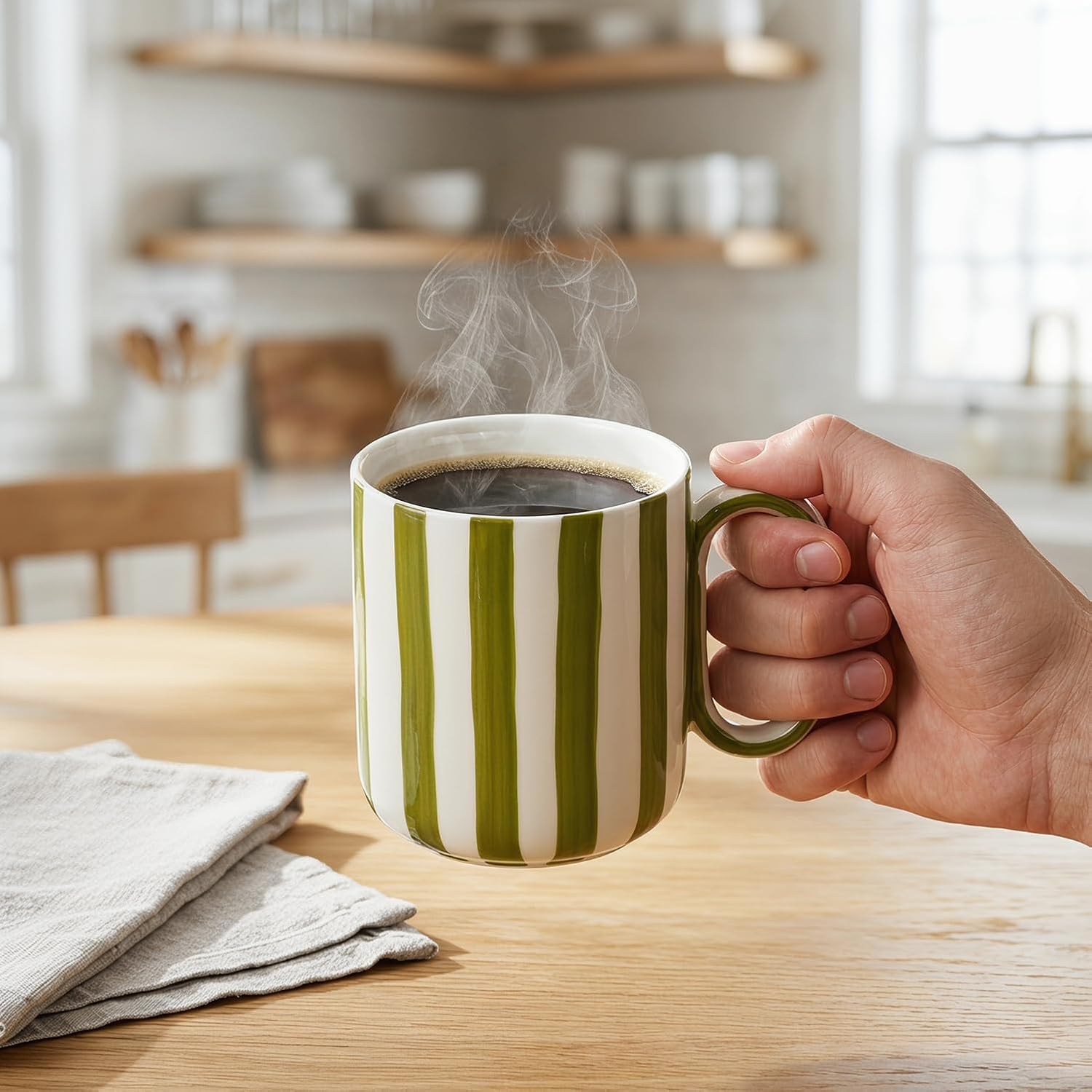 Ceramic Coffee Mugs Set of 4, 15 oz Stoneware Coffee Cups with Handle, Aesthetic Green Stripe Latte Tea Mug for Latte Tea Hot Chocolate, Microwave and Dishwasher Safe (15 oz)
