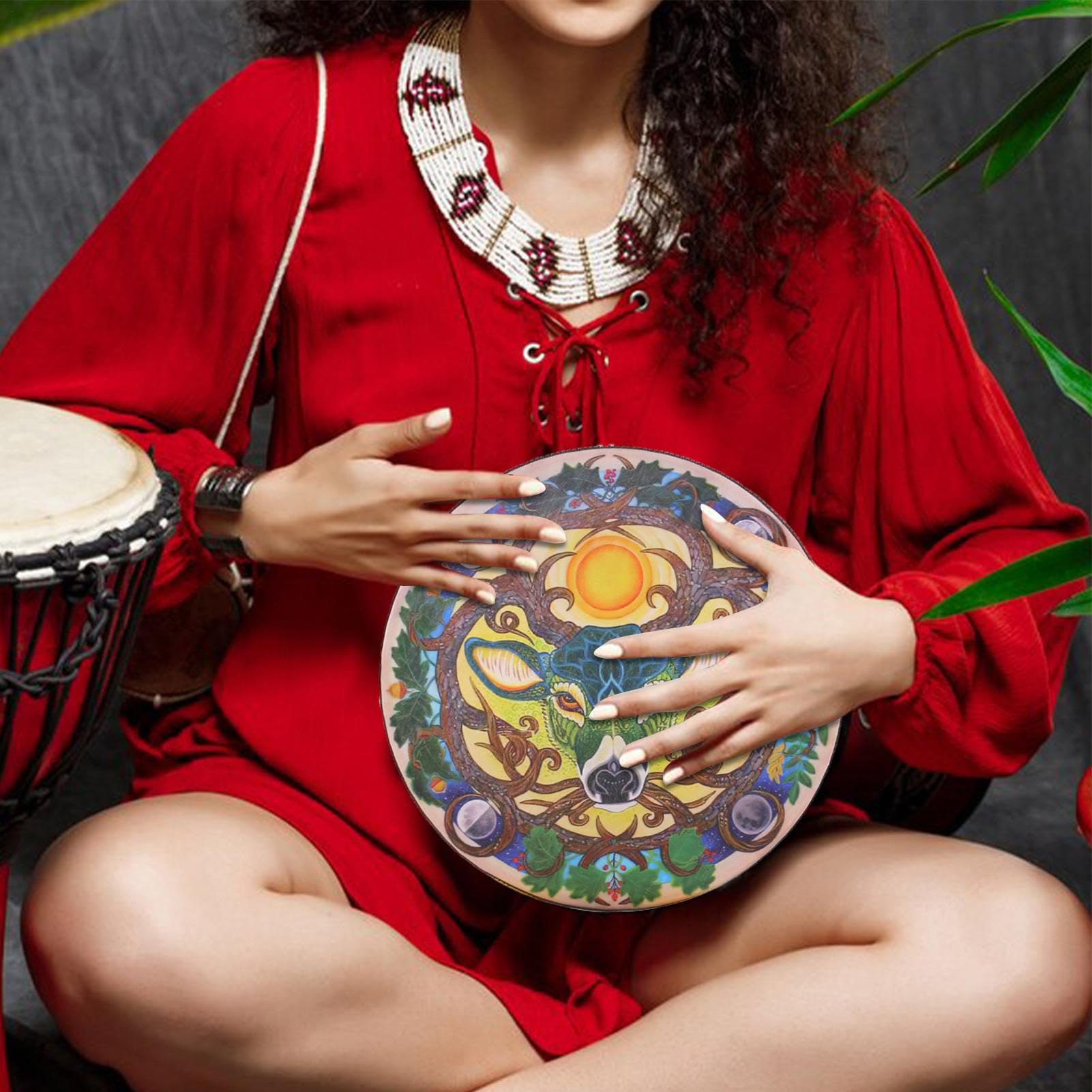 Auténtico tambor chamán, tambor de cabeza de de 9 pulgadas, 9.84 x 9.84 x 1.97 pulgadas, batería hecha a mano con piel natural, instrumento musical espiritual con resonancia profunda, tambores