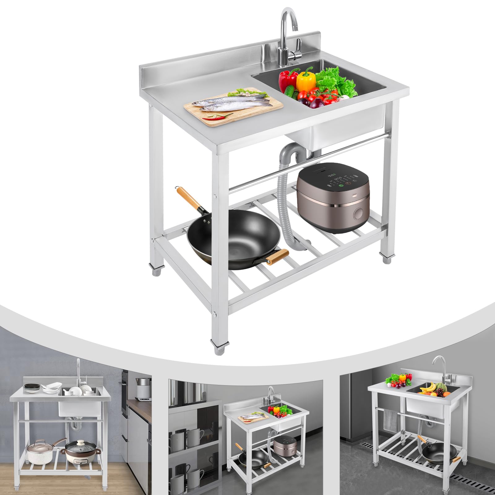 Edelstahl Spültisch Freistehende Spüle mit Unterschrank, Commercial 80x55x84cm Outdoor Camping Spüle mit Armatur, Küchenspüle mit Plattform Tragfähigkeit 100KG, 1 Becken