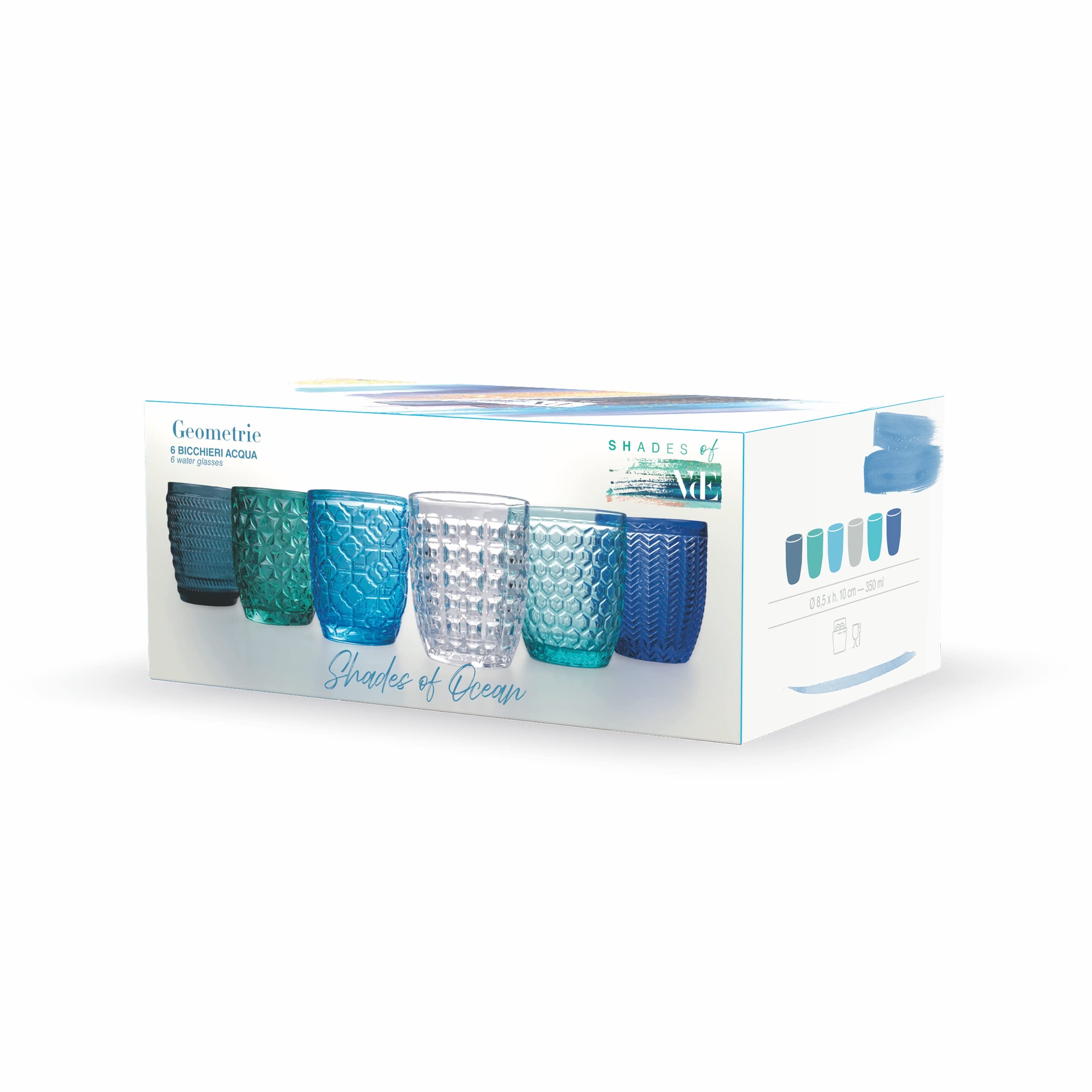 Zestaw 6 szklanek do wody, 350 ml, przezroczyste szkło witrażowe, geometria ocean