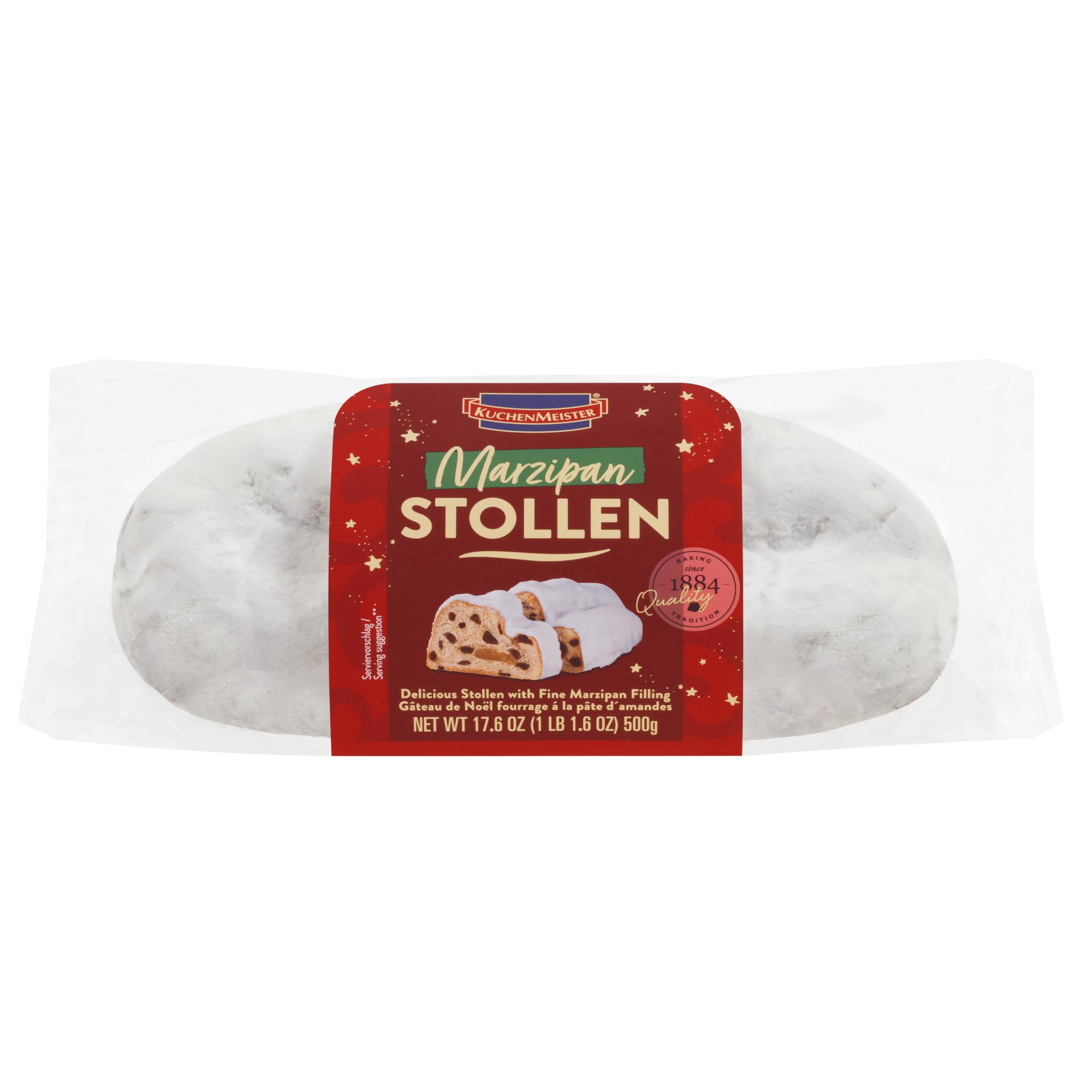 KuchenMeister Edel Marzipan Stollen 500 g | Saftiger Stollen mit Rosinen, kandierten Früchten und einem Kern aus Marzipan | 1 x 500 g