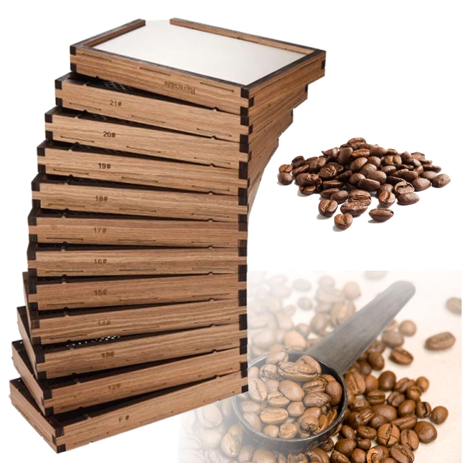 Tamiz de clasificación de granos de café, malla de 10 capas (malla 12-21), tamiz de granos de madera con bandeja, pantalla de acero inoxidable para el hogar, cafetería, laboratorios y entusiastas del
