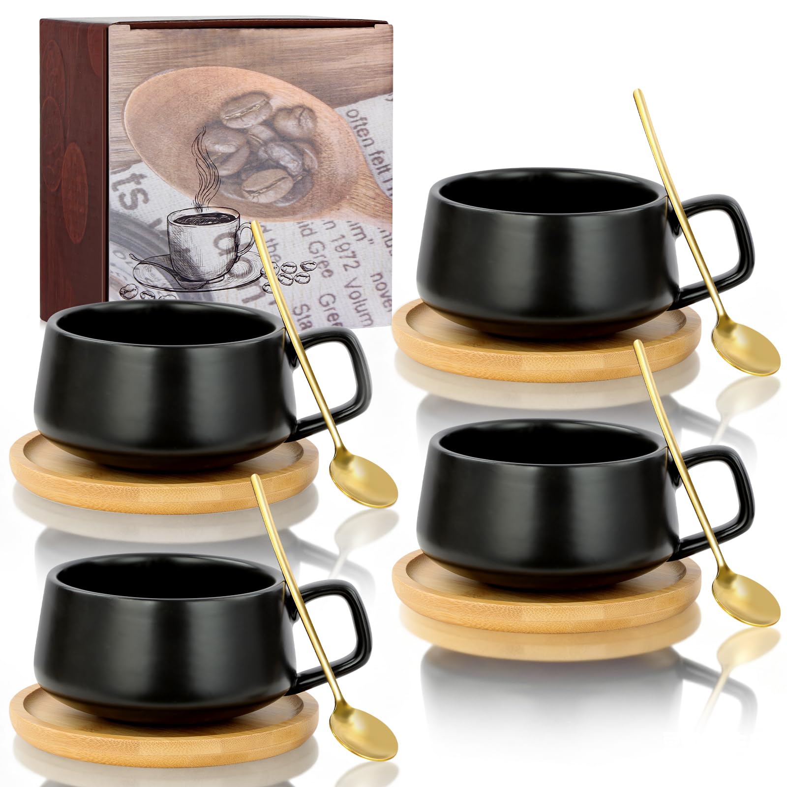 Lot de 4 Tasses à Cappuccino avec soucoupe,320ml Ensemble Tasses à Expresso en Grès,set de tasses et soucoupes,tasses à café avec disque en bois pour café, cappuccino,thé(Noir mat)