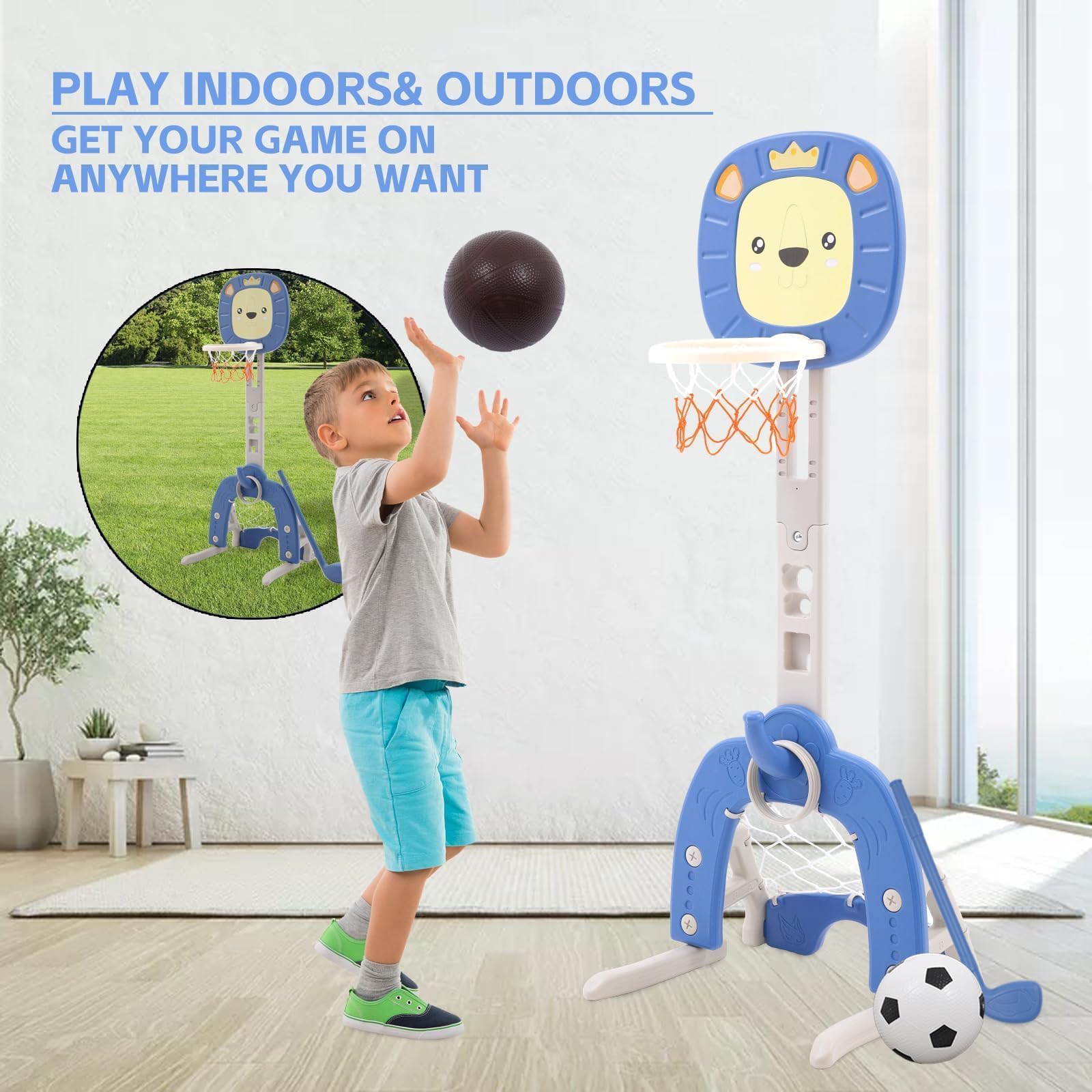 Panier de Basket Enfant 4 en 1 Intérieur avec Jeu de Basketball, Lancer d'Anneaux,Panier de Basket Flottant,Football et Golf - Réglable en Hauteur 120-150cm - pour Enfants 3 à 7 Ans (Bleu)