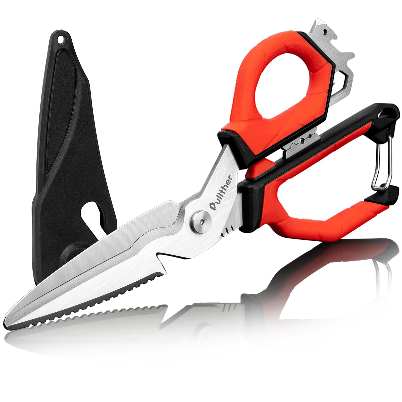 Pullther Edelstahl-Angelschere zerlegbar mit Karabiner, Angelwerkzeug | Entschuppen, Zerlegen, Schälen & Schneiden von Fluorocarbon- & Nylon-Angelschnüren. Zerlegbar, leicht reinigbar