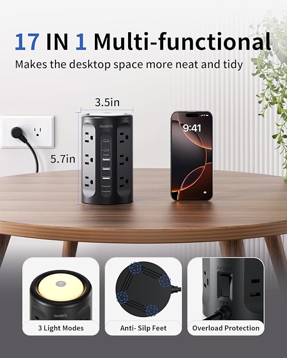 2 Pack Night Light Surge Protector Power Strip Tower