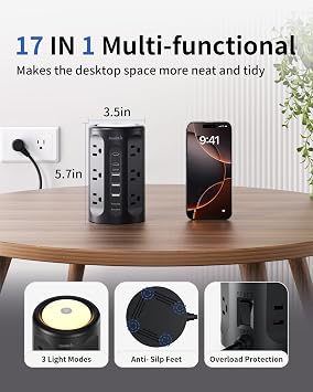 2 Pack Night Light Surge Protector Power Strip Tower